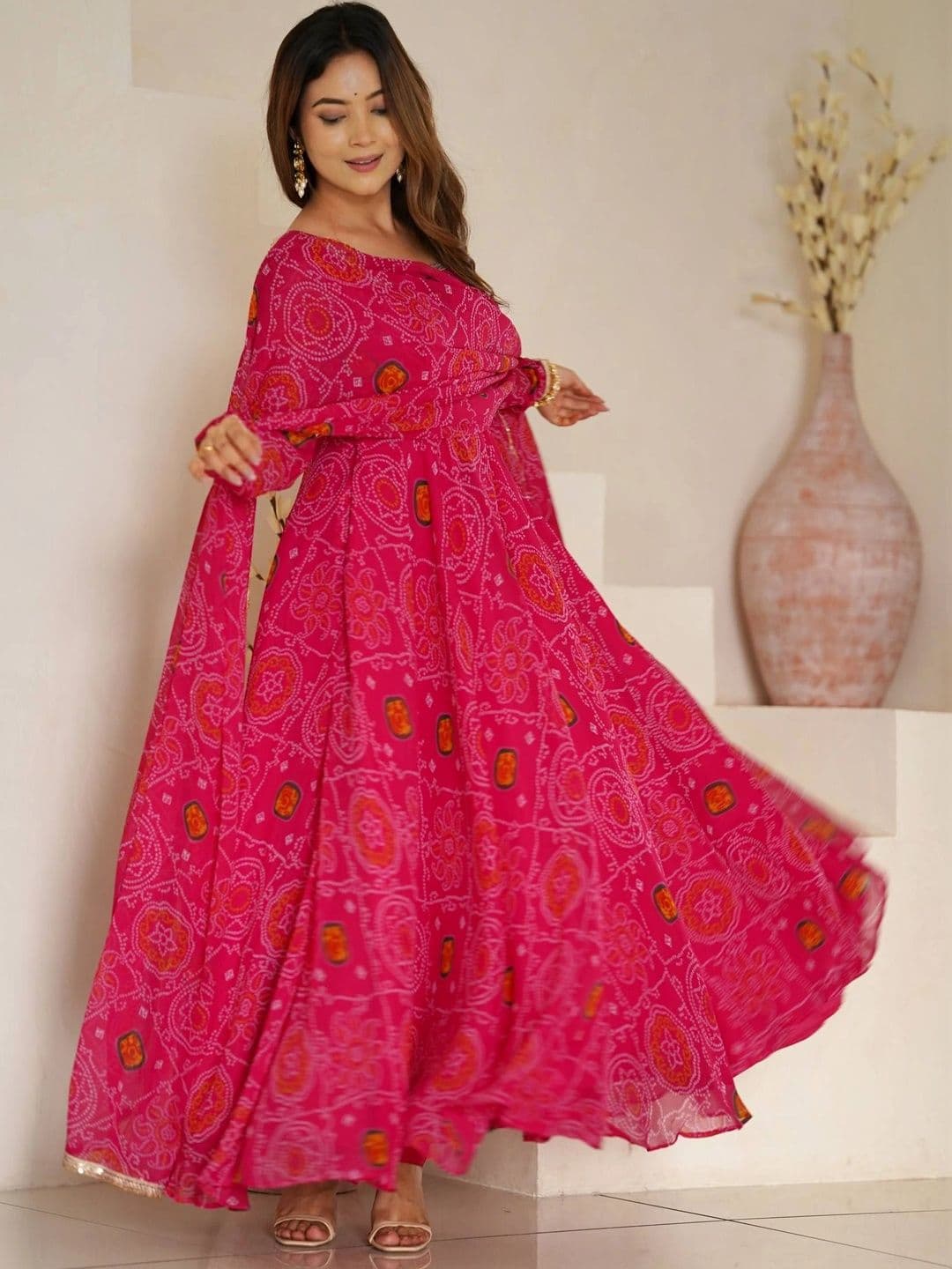 VASTRABELLA Women Bandhani Printed Tiered Silk Chiffon Kurta with Palazzos & With Dupatta thumbnail 4