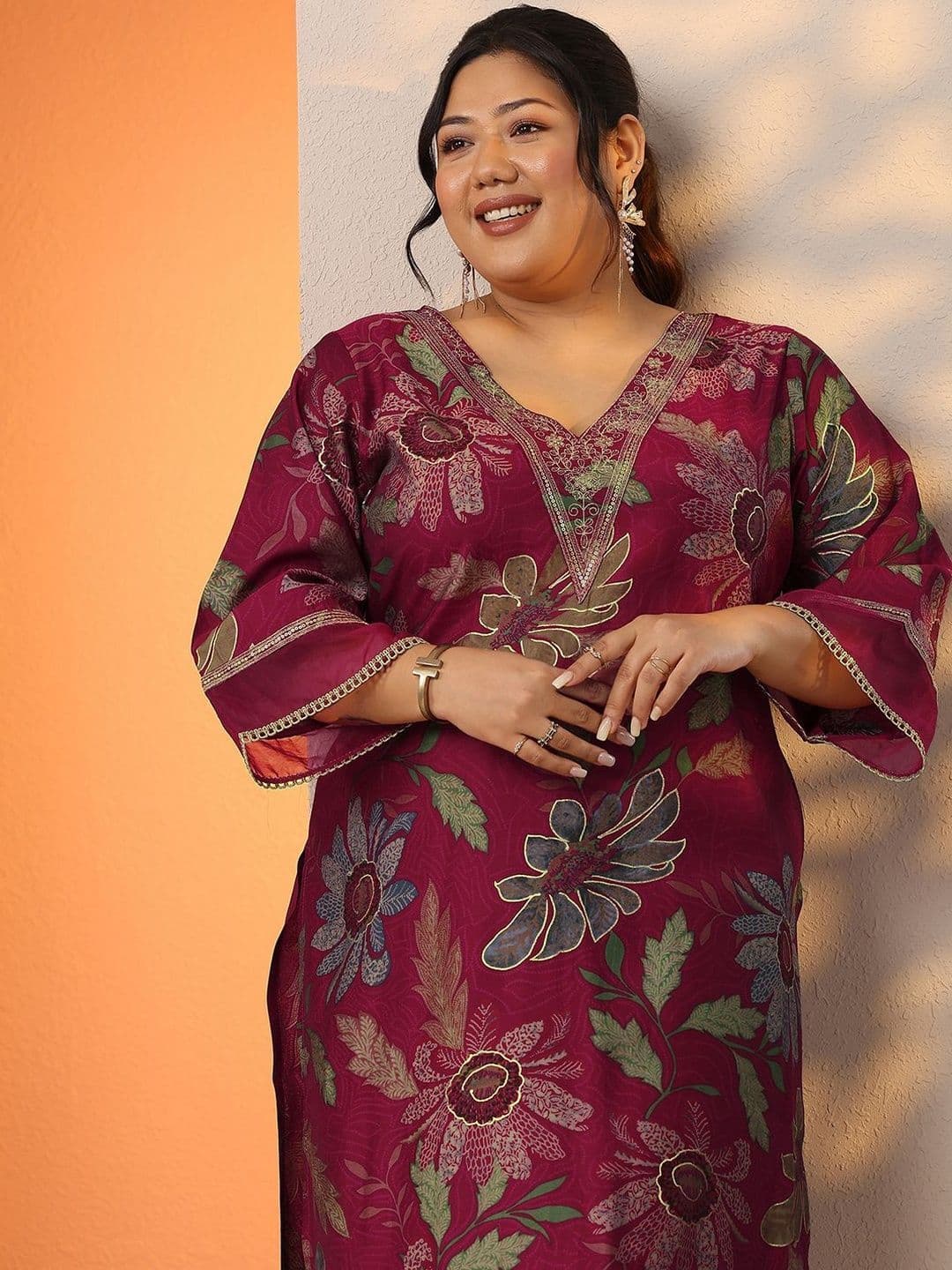 Extra Love By Libas Plus Size Floral Printed Regular Thread Work Kurta with Palazzos - view 1