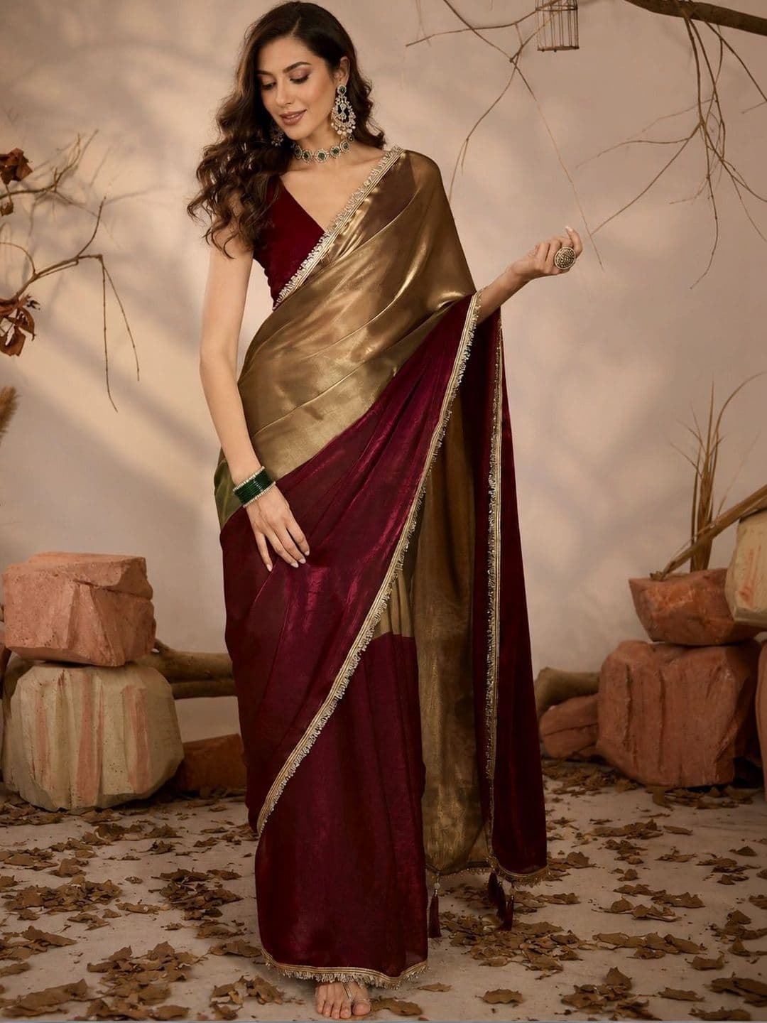 Branzios Sequinned Satin Saree - view 1