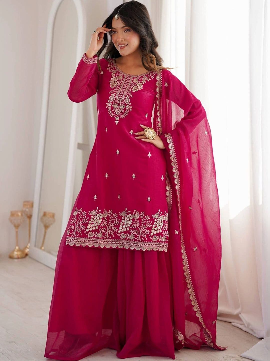 VASTRABELLA Women Ethnic Motifs Embroidered Regular Kurta with Sharara & With Dupatta thumbnail 7