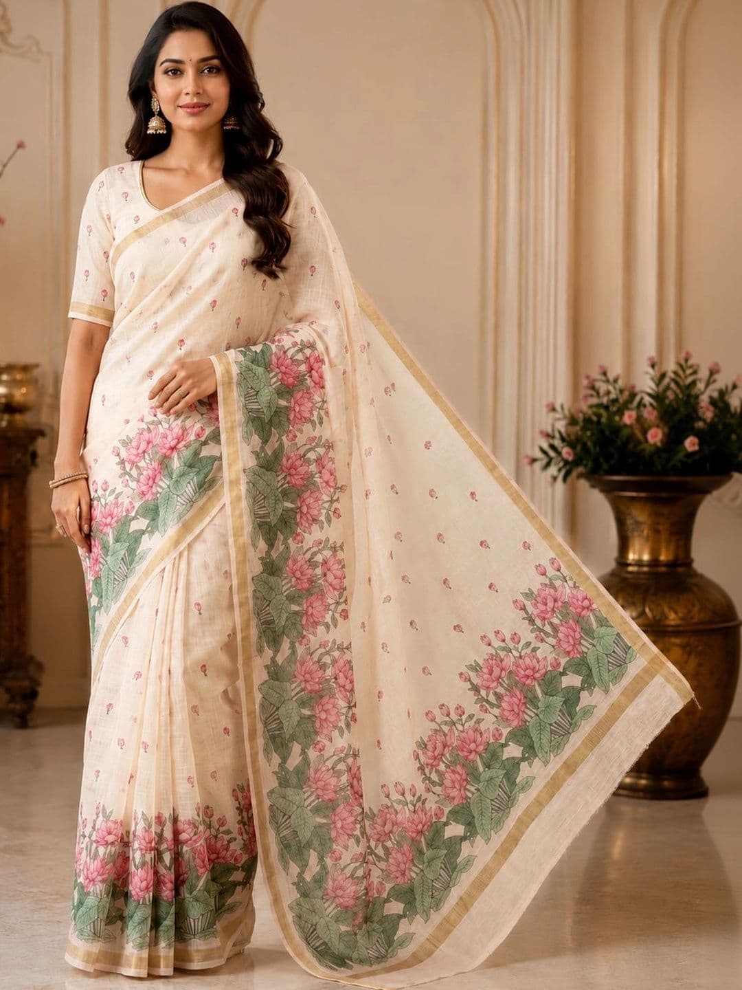 PMD Fashion Floral Pure Linen Handloom Saree - view 1
