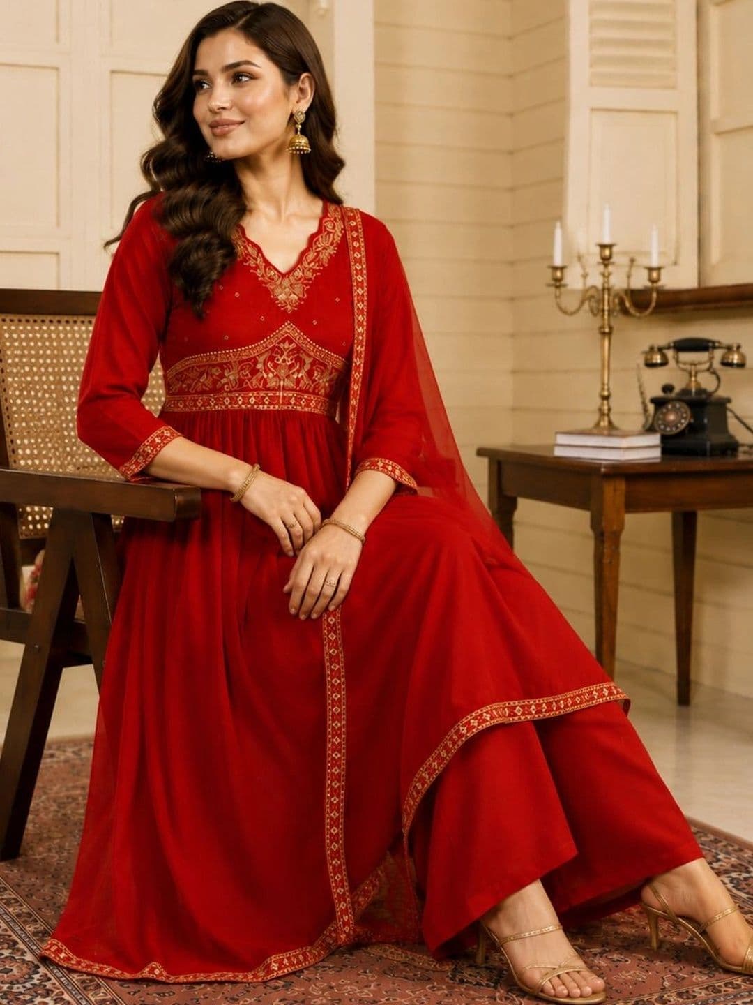 Mitera Women Ethnic Motifs Embroidered Empire Kurta with Palazzos & With Dupatta thumbnail 6