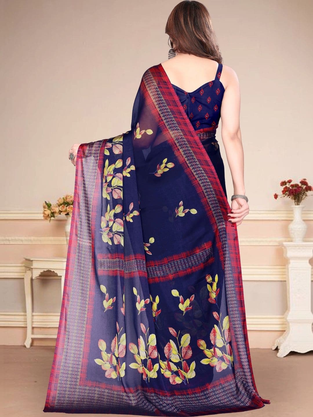 Owee Floral Pure Chiffon Fusion Saree thumbnail 4