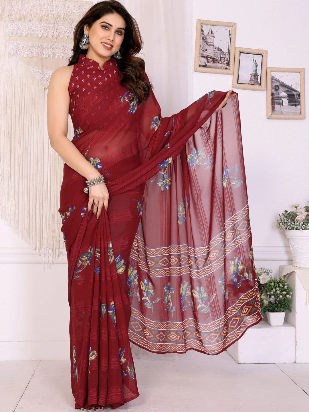 Owee Floral Zari Pure Chiffon Designer Saree - view 1