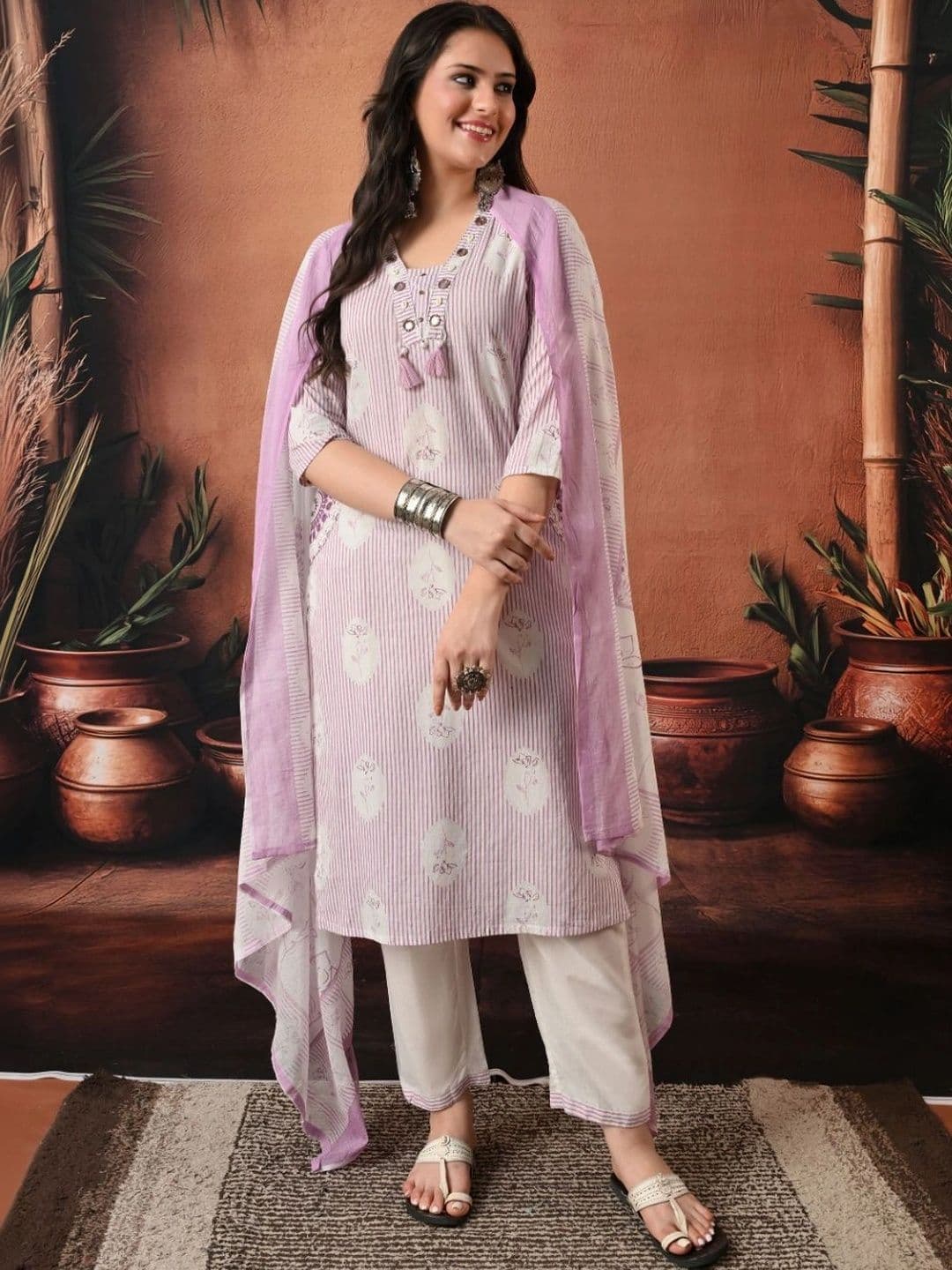 Encourage Women Ethnic Motifs Printed Regular Mirror Work Pure Cotton Kurta with Trousers & With Dupatta thumbnail 3