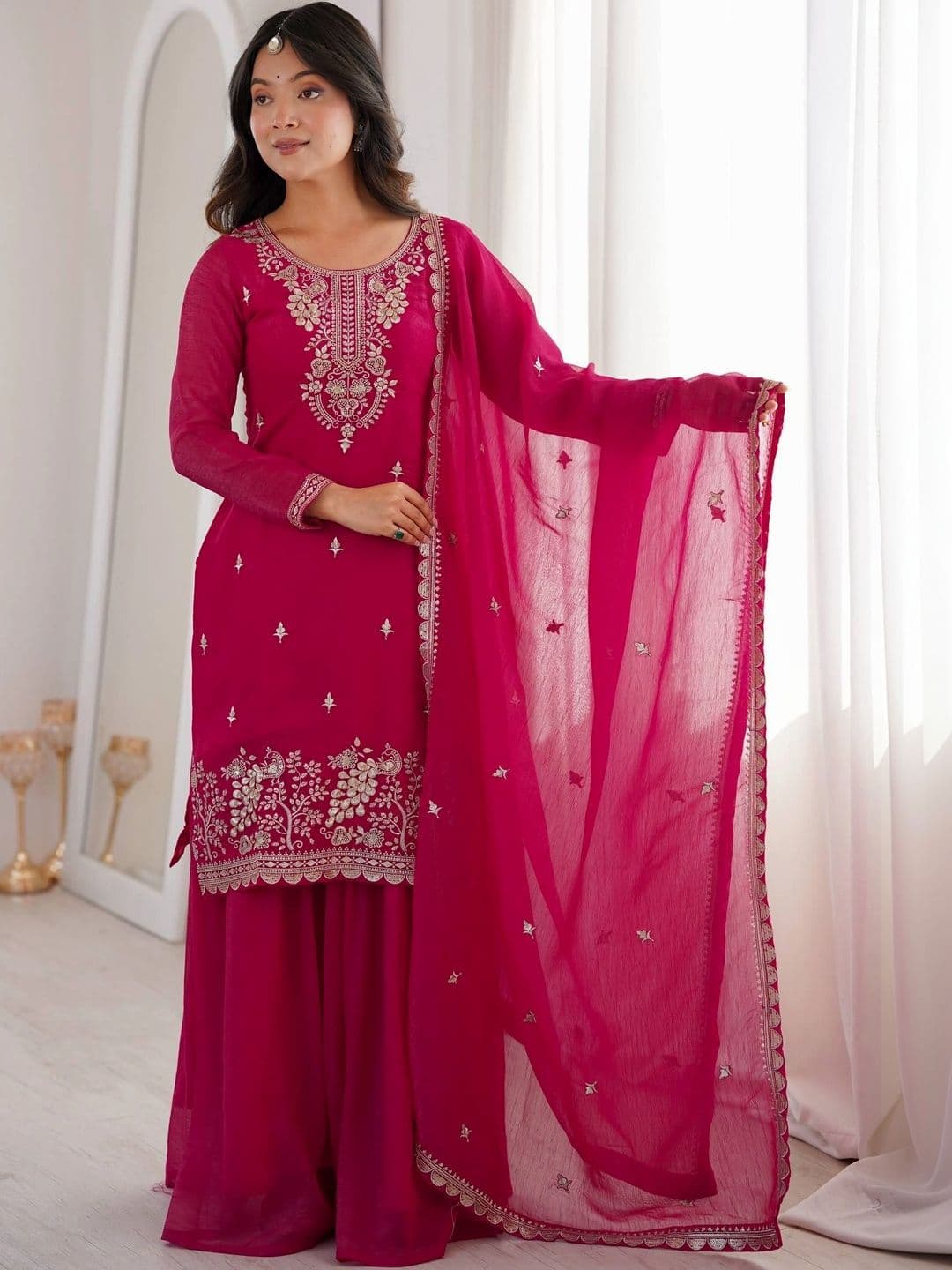 VASTRABELLA Women Ethnic Motifs Embroidered Regular Kurta with Sharara & With Dupatta - view 1