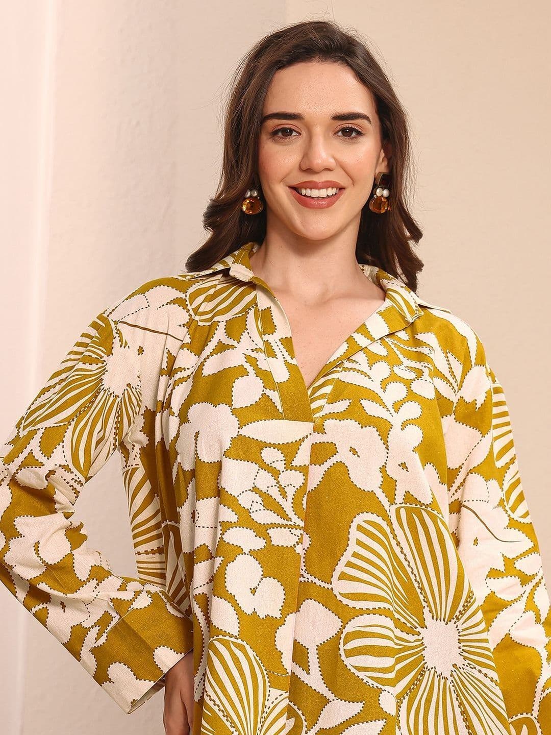 Libas Mustard Floral Printed Cotton Straight Short Kurti thumbnail 6