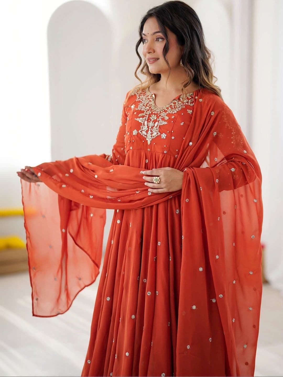 VASTRABELLA Women Regular Mirror Work Silk Georgette Kurta with Trousers & With Dupatta thumbnail 3
