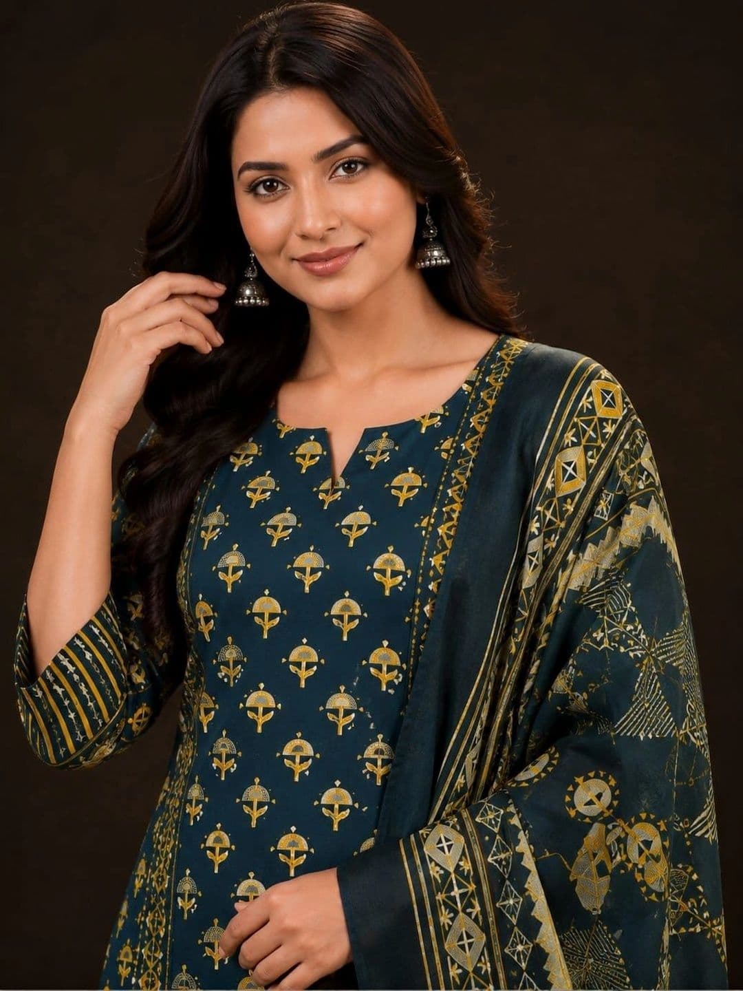 Harvi Women Ethnic Motifs Printed Regular Pure Cotton Kurta with Trousers & With Dupatta thumbnail 5