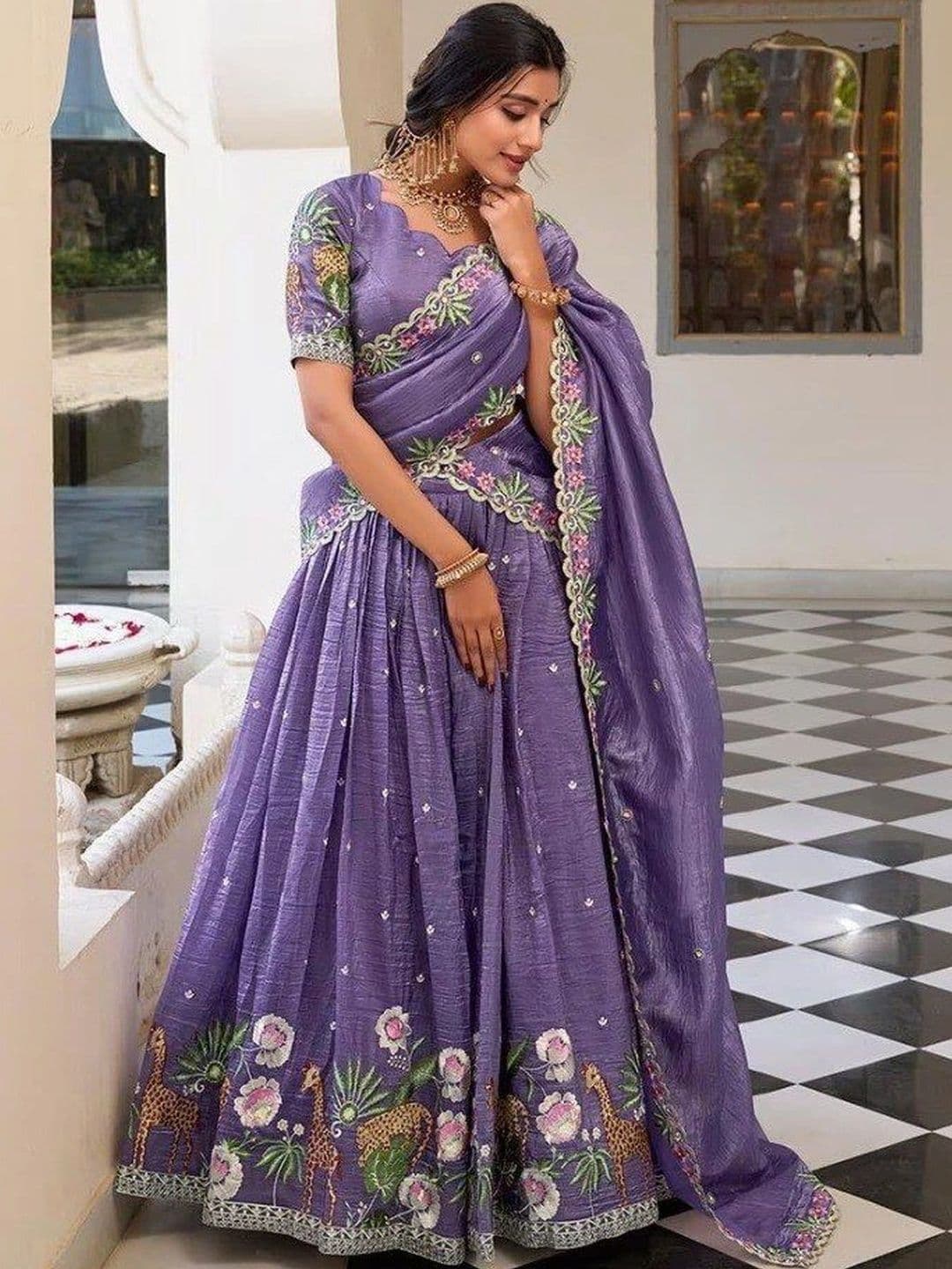 BLUSH STREET Embroidered Thread Work Semi-Stitched Lehenga & Blouse With Dupatta - view 1