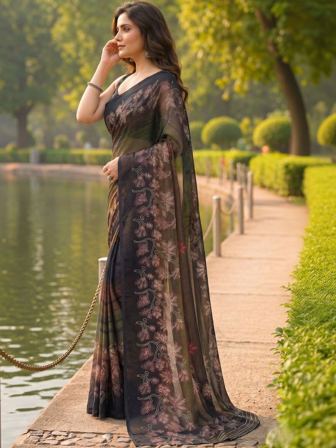 Owee Floral Embroidered Pure Chiffon Designer Saree thumbnail 4