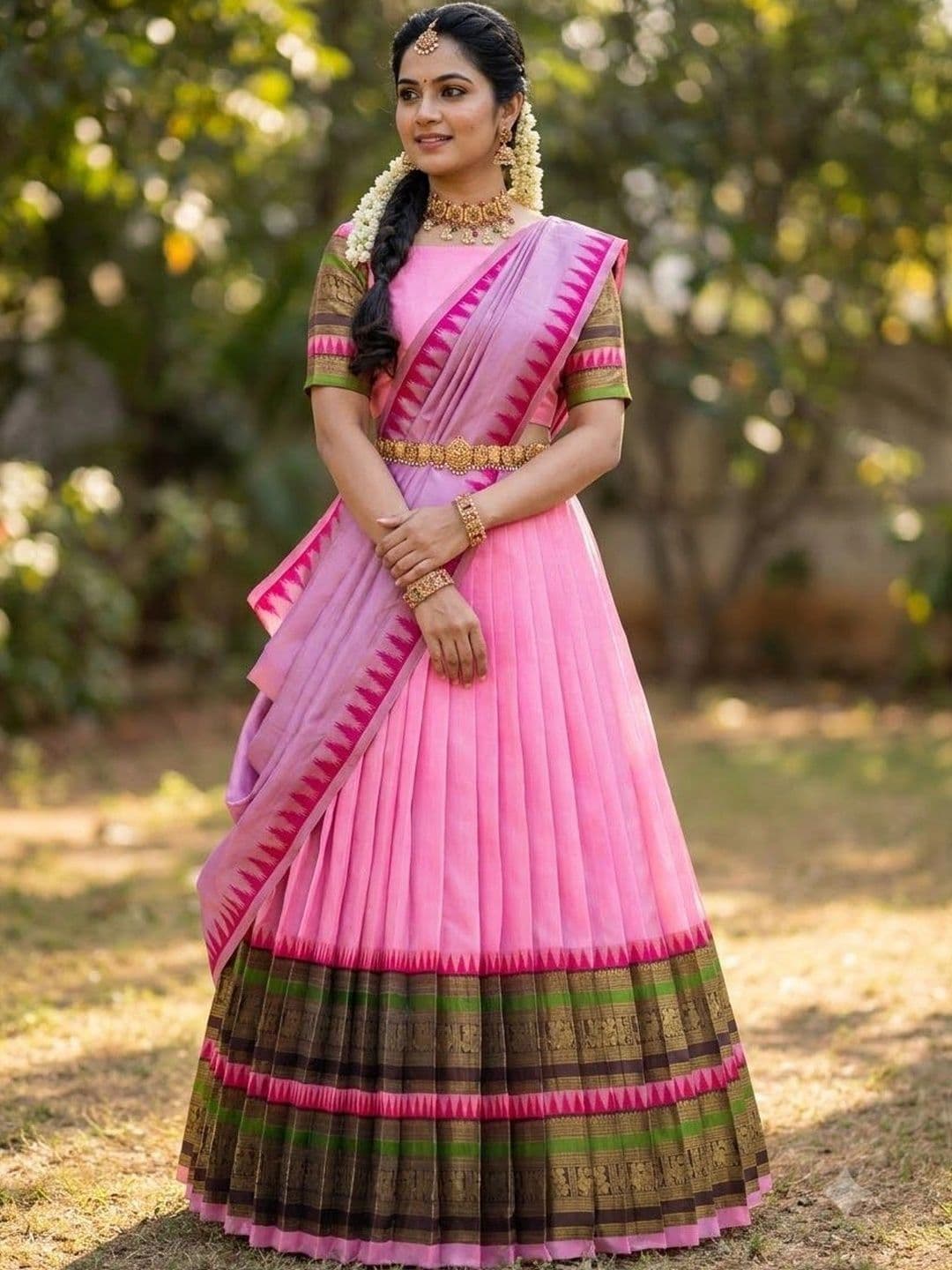 Pink Bindi Semi-Stitched Lehenga & Unstitched Blouse With Dupatta - view 1