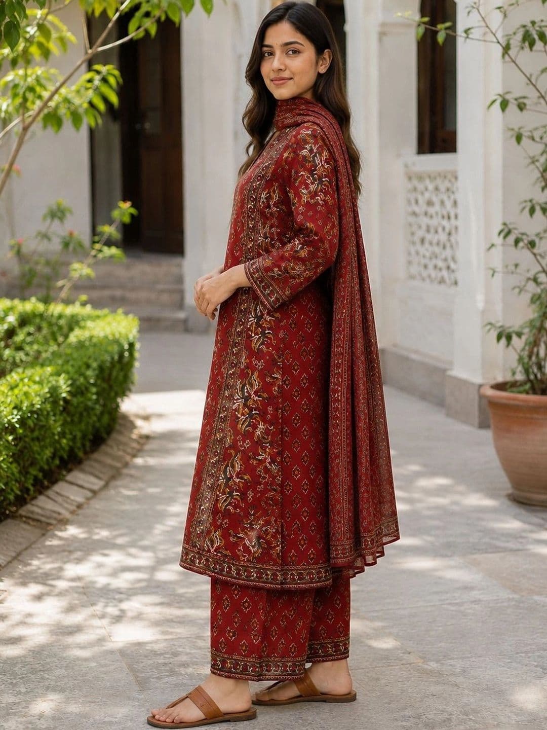 Ammanya Lifestyle Hub Women Ethnic Motifs Printed Regular Pure Cotton Kurta with Palazzos & With Dupatta thumbnail 5