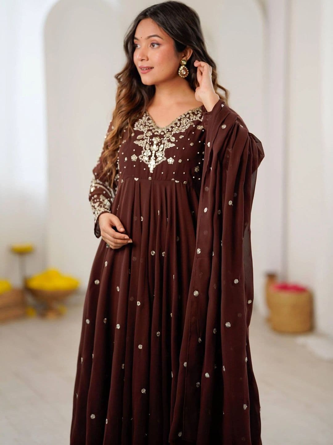 VASTRABELLA Women Ethnic Motifs Empire Silk Georgette Kurta with Churidar & With Dupatta thumbnail 7