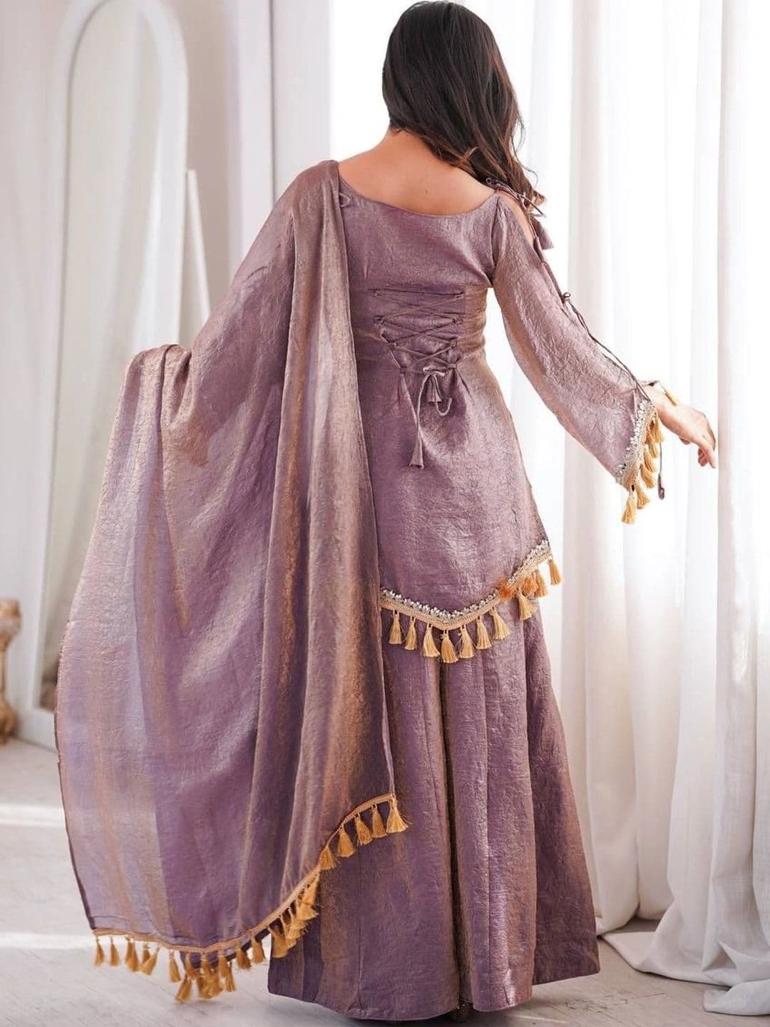 VASTRABELLA Women Ethnic Motifs Angrakha Gotta Patti Pure Silk Kurta with Sharara & With Dupatta thumbnail 4