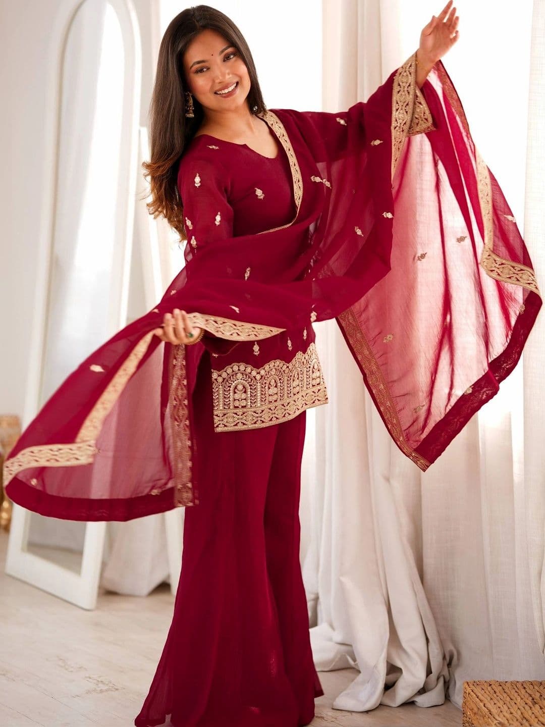 VASTRABELLA Women Ethnic Motifs Embroidered Regular Kurta with Palazzos & With Dupatta thumbnail 3