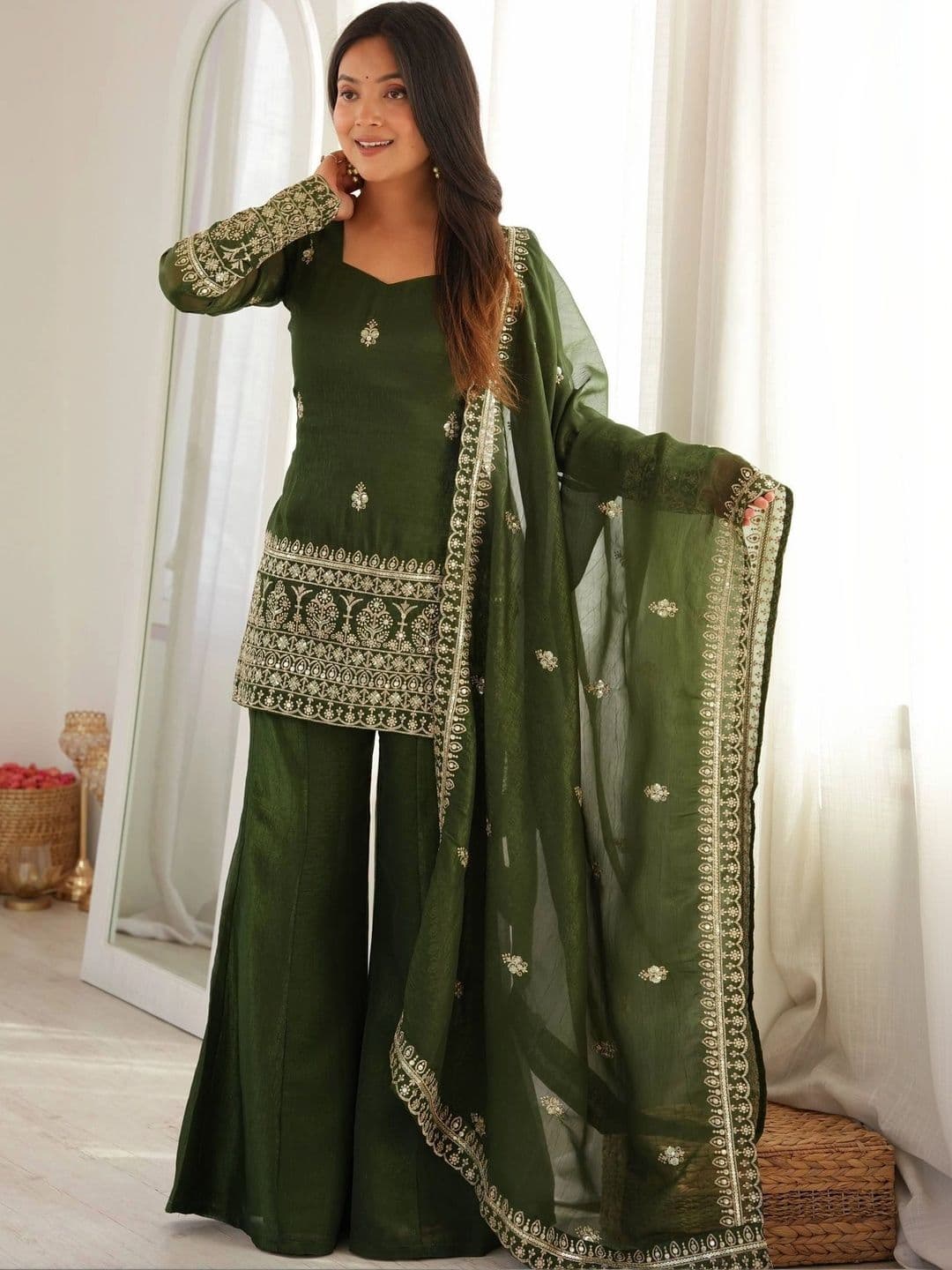 VASTRABELLA Women Ethnic Motifs Embroidered Regular Sequinned Kurta with Palazzos & With Dupatta - view 1