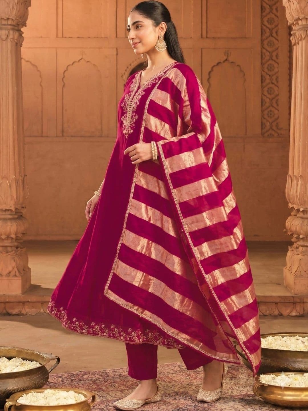 SMITSAREE Women Ethnic Motifs Embroidered Regular Kurta with Trousers & With Dupatta thumbnail 4