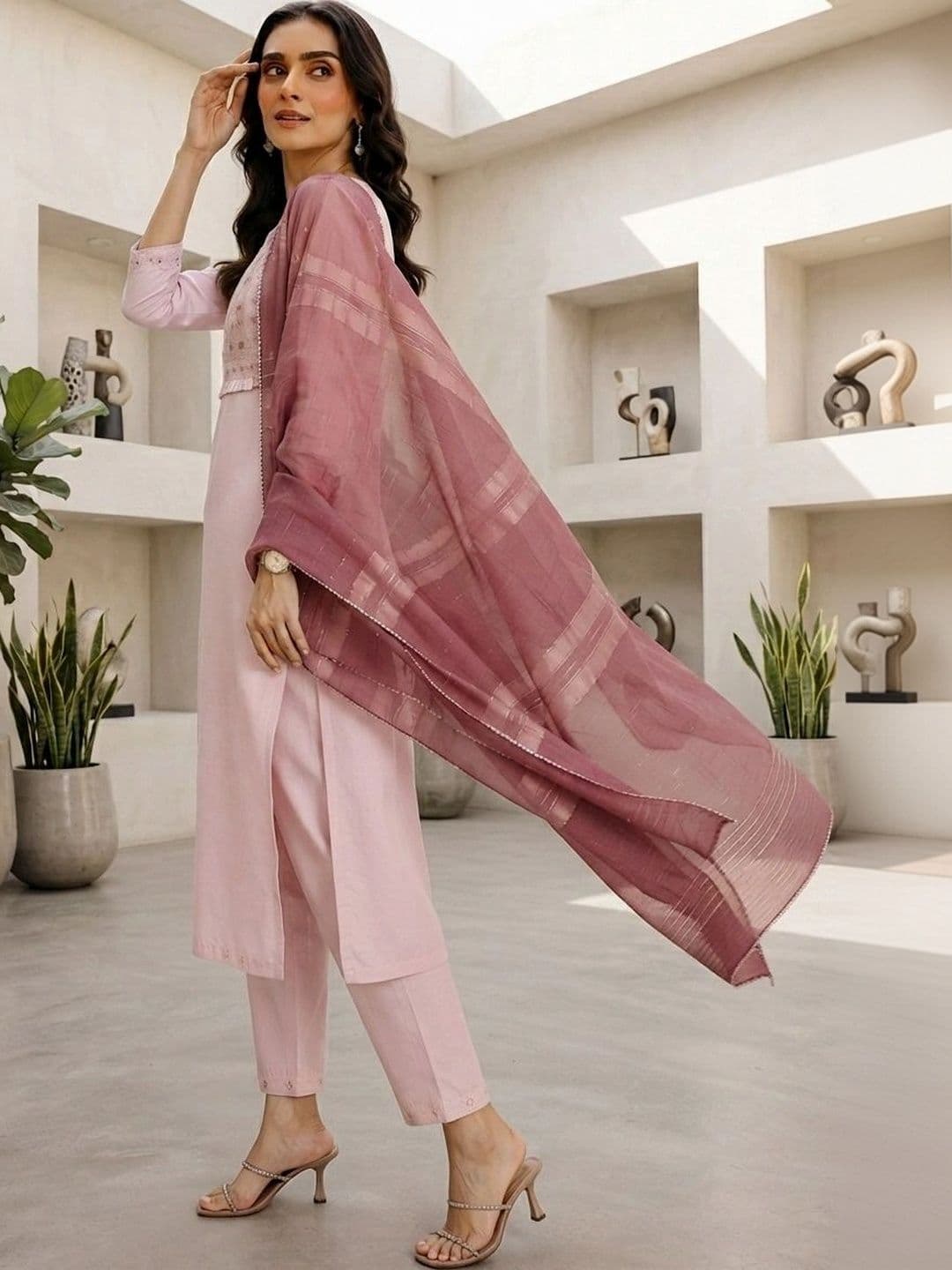 Mitera Women Ethnic Motifs Embroidered Regular Thread Work Chanderi Cotton Kurta with Trousers & With Dupatta thumbnail 4