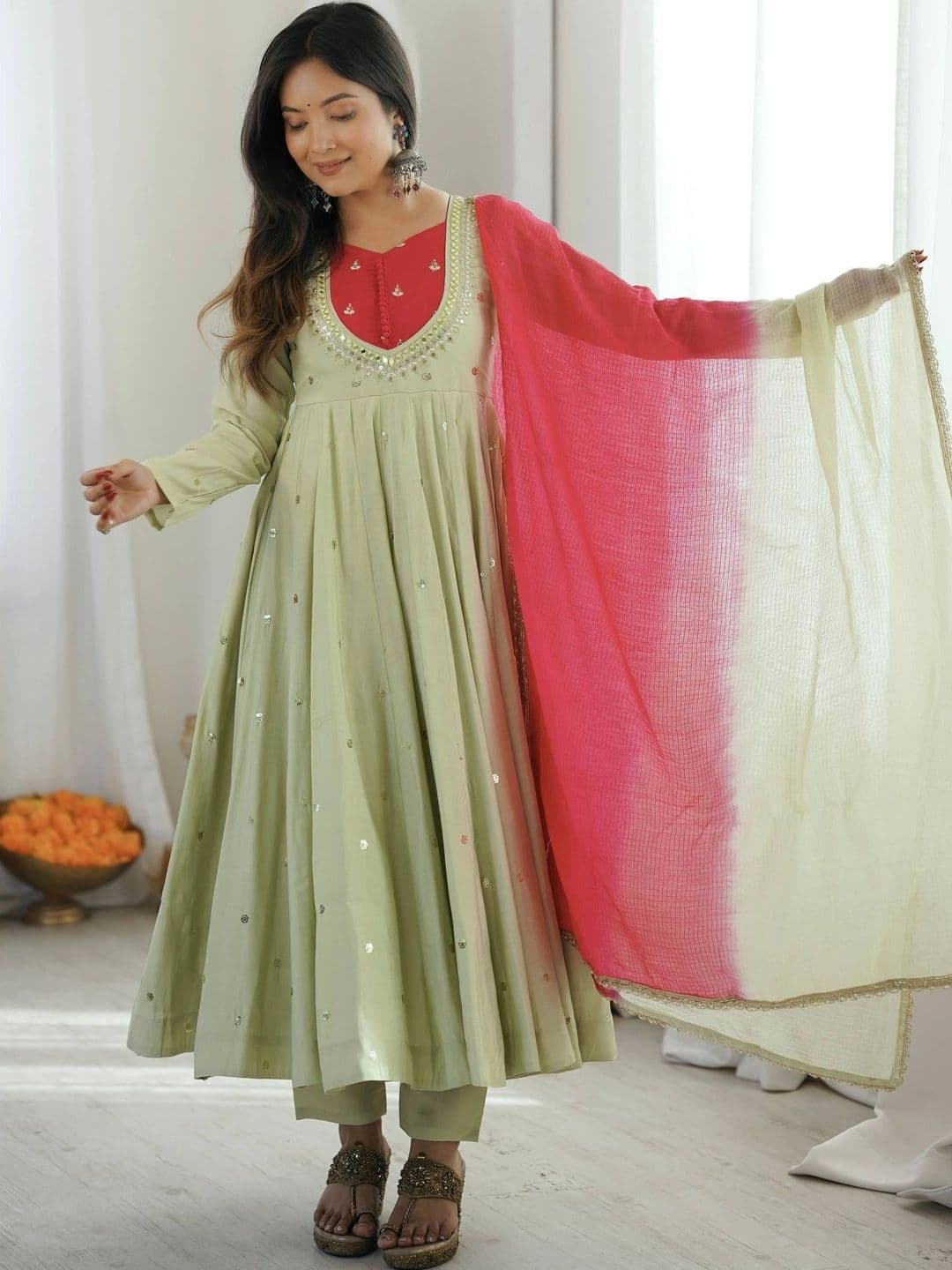 VASTRABELLA Women Embroidered Empire Mirror Work Kurta with Trousers & With Dupatta - view 1