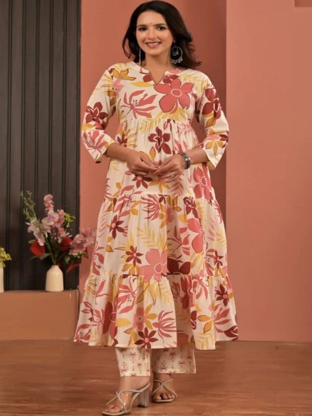 HERE&NOW Women Floral Printed Tiered Pure Cotton Kurta with Palazzos & With Dupatta - view 1
