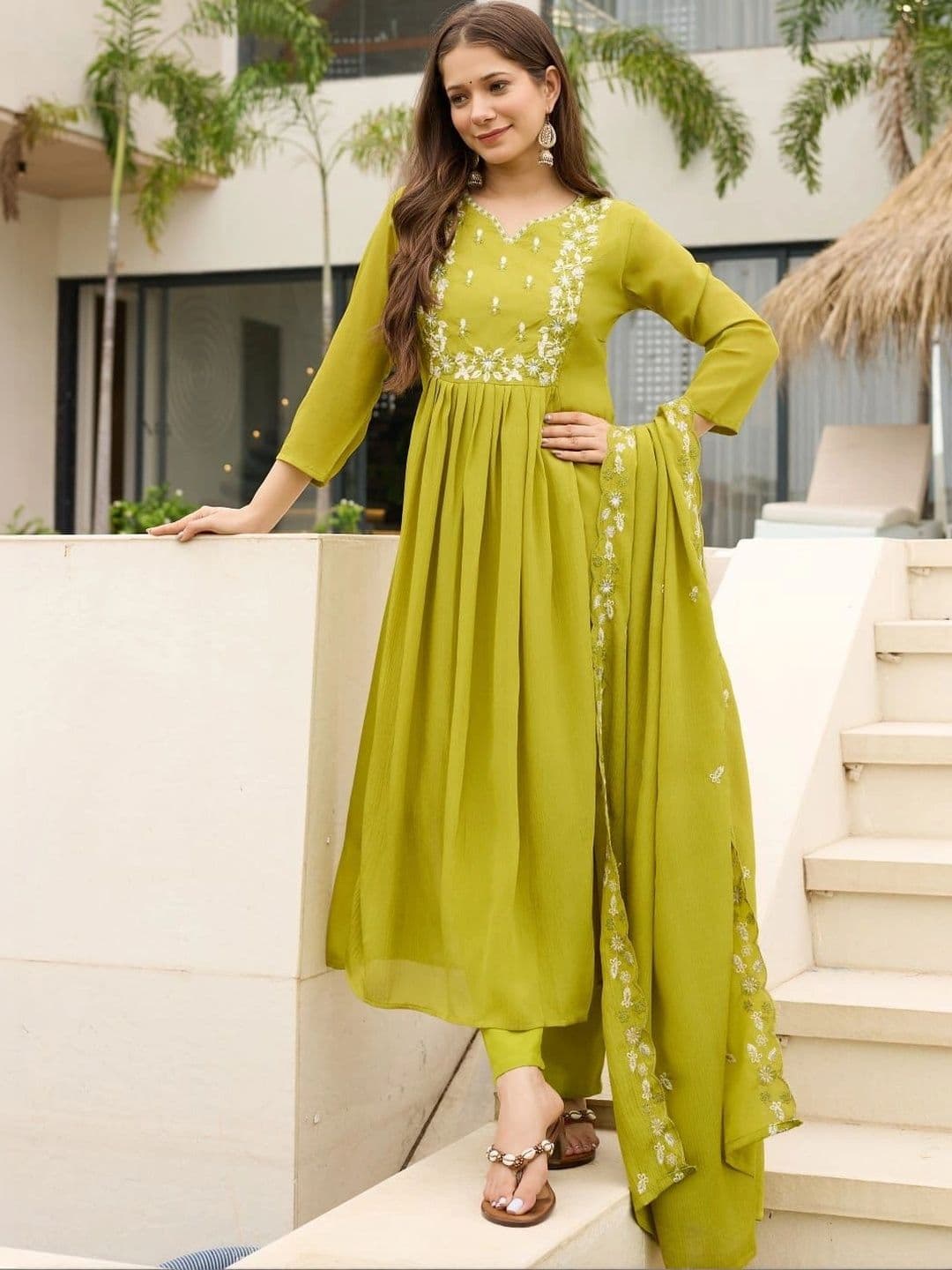 SMITSAREE Women  Motifs Embroidered Empire Thread Work Kurta with Trousers & With Dupatta - view 1