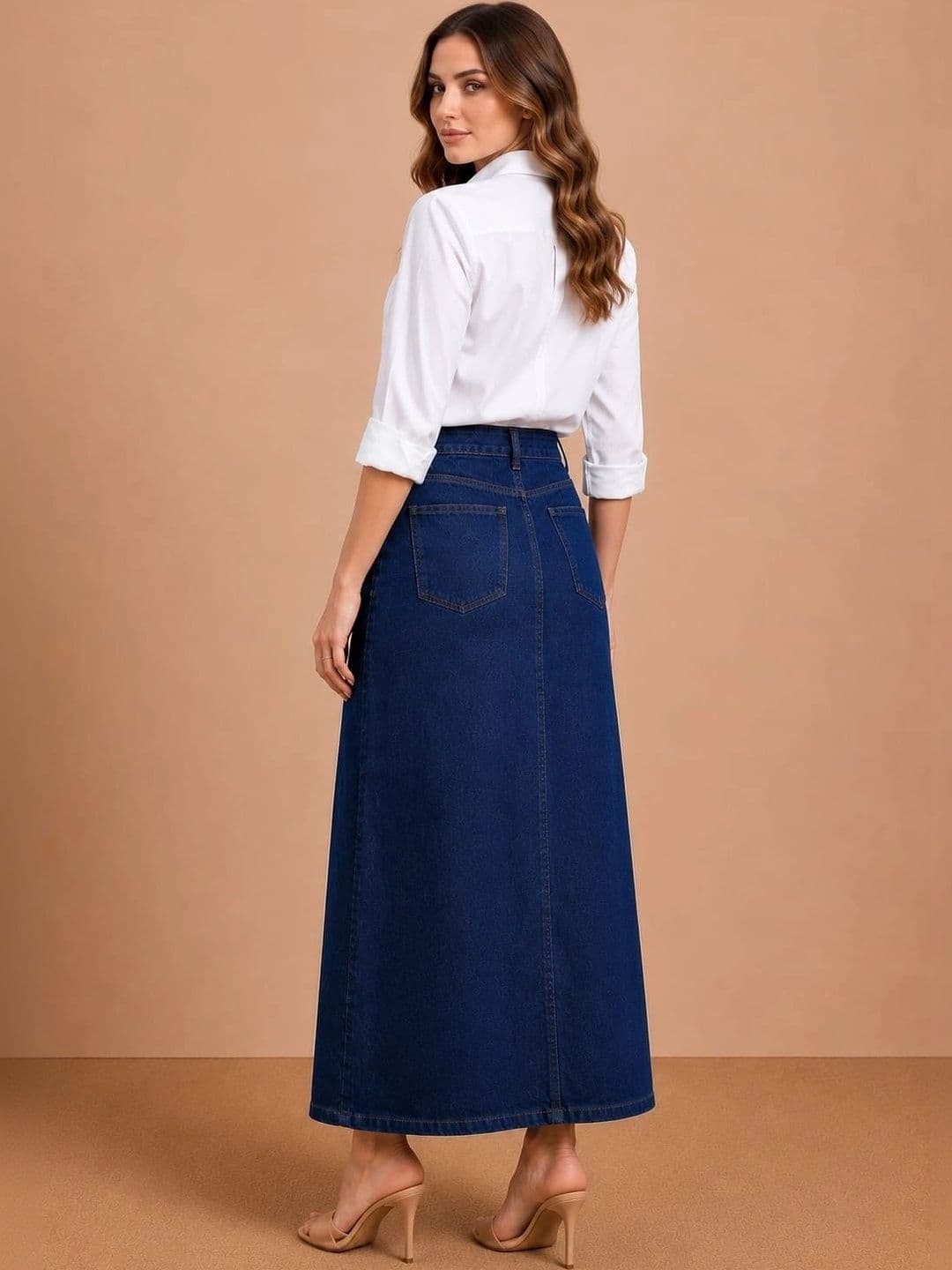 Mast & Harbour Women Denim Front Slit Maxi A-Line Skirt thumbnail 3