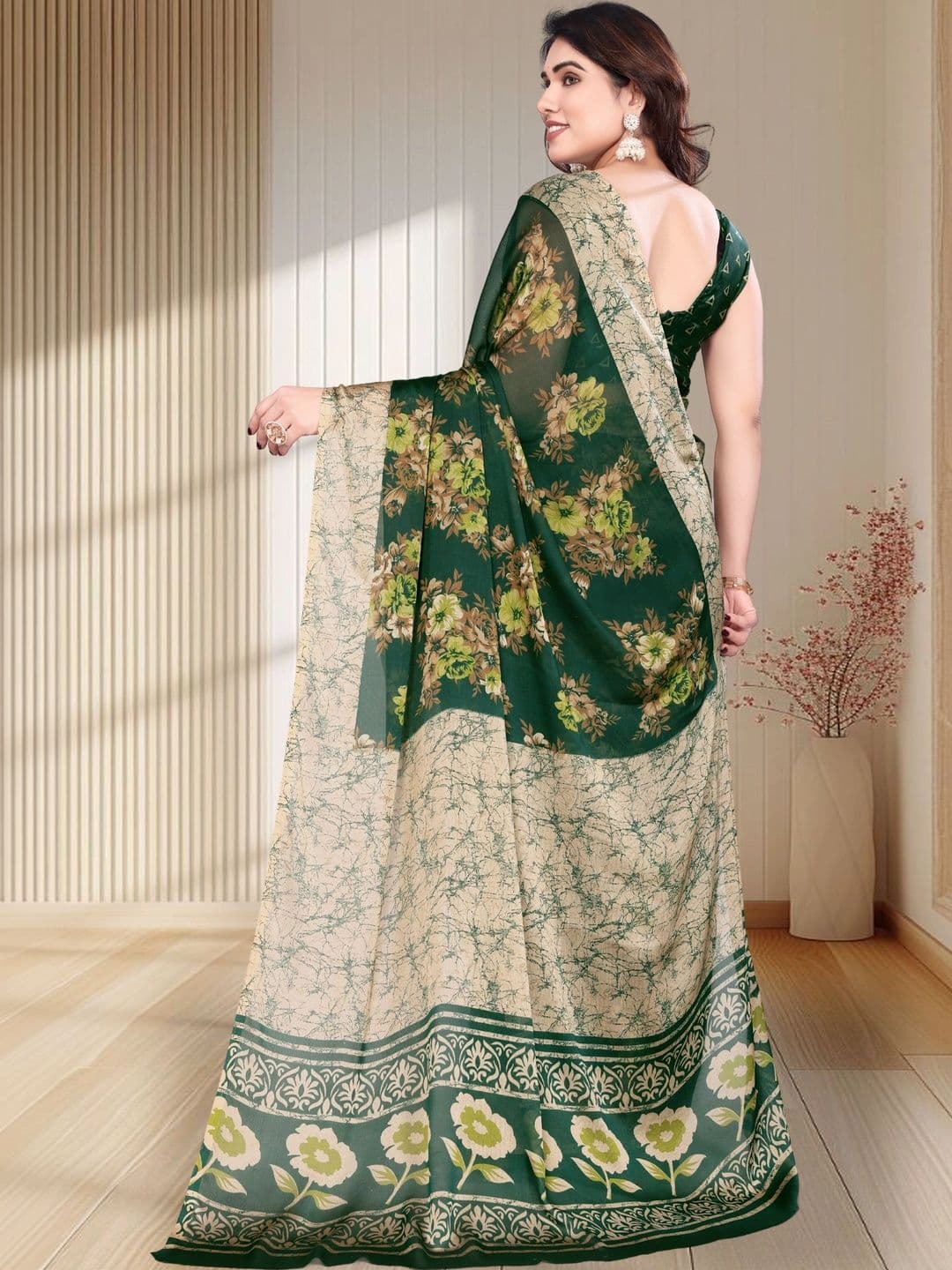 Owee Floral Pure Chiffon Fusion Saree thumbnail 3