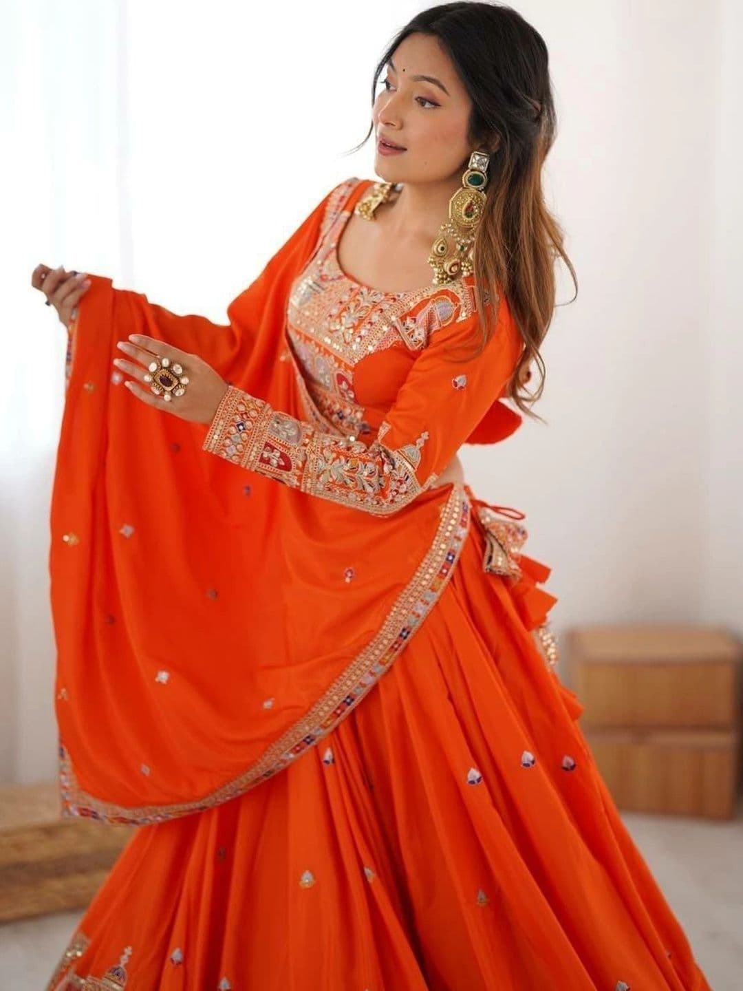 BLUSH STREET Embellished Mirror Work Semi-Stitched Lehenga & Blouse With Dupatta thumbnail 3