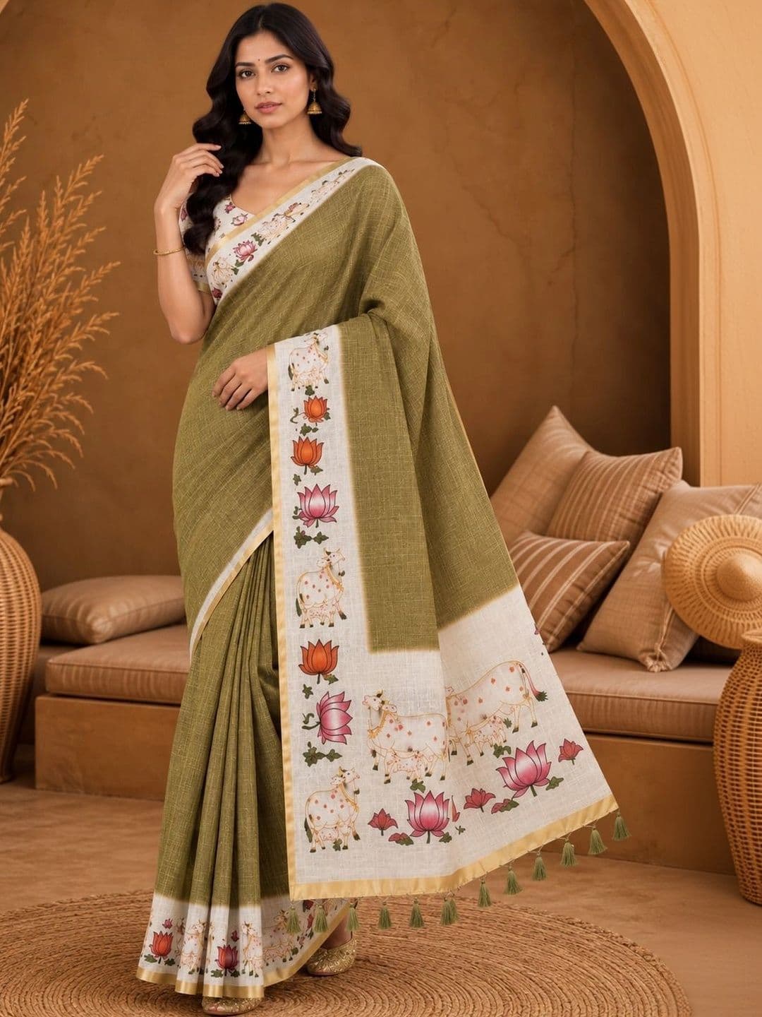 Anouk Rustic Women Floral Pure Linen Khadi Saree - view 1