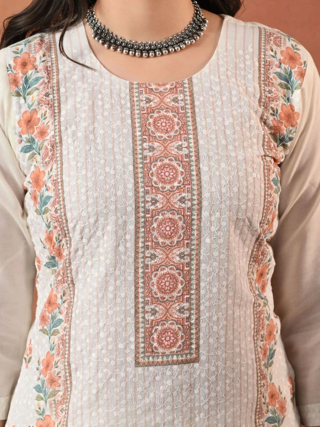 Encourage Women Floral Embroidered Thread Work Pure Cotton Kurta with Palazzos & Dupatta thumbnail 4