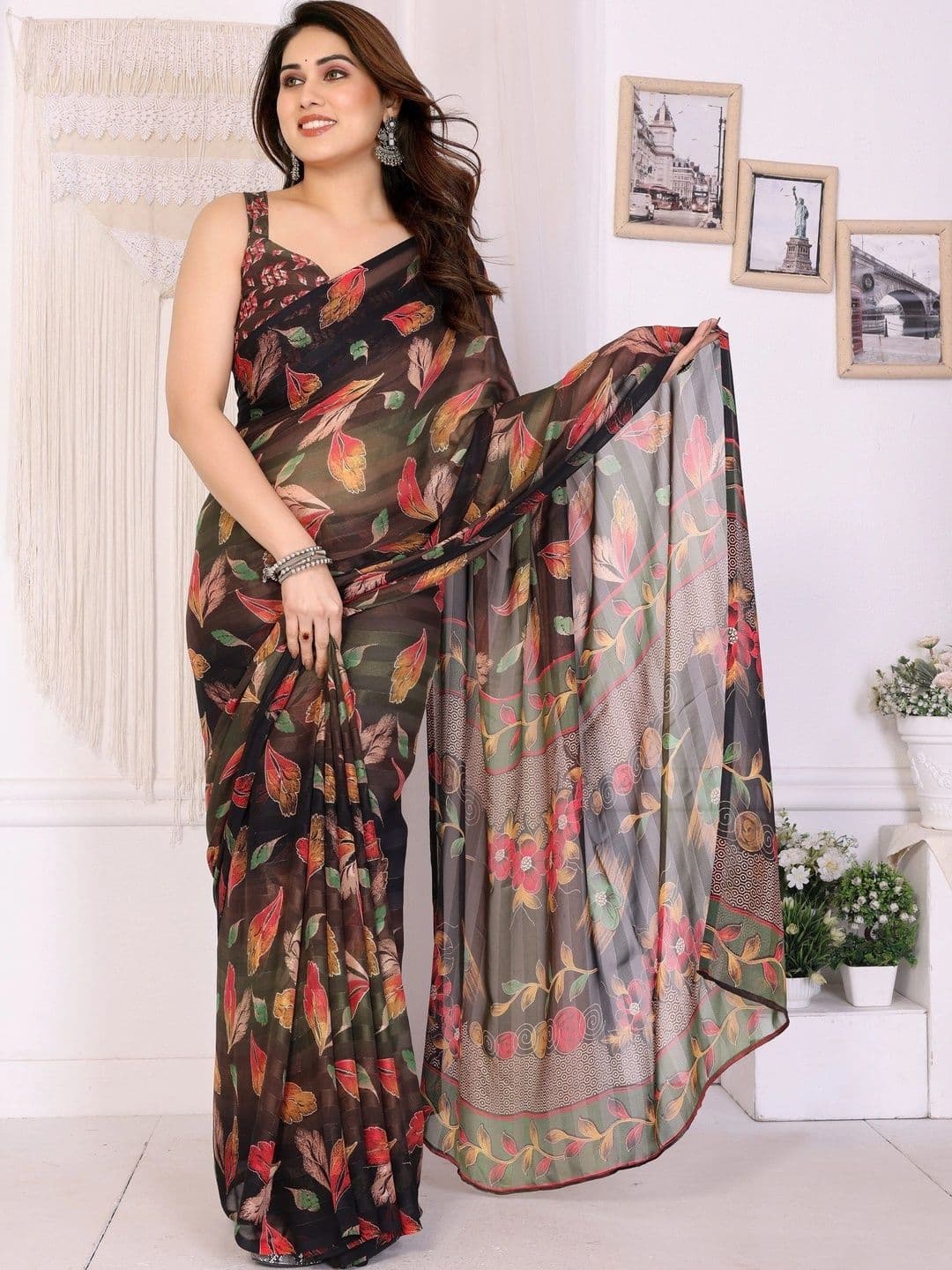 Owee Floral Pure Chiffon Designer Saree - view 1