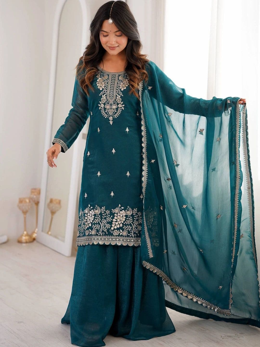 VASTRABELLA Women Ethnic Motifs Embroidered Regular Kurta with Sharara & With Dupatta - view 1