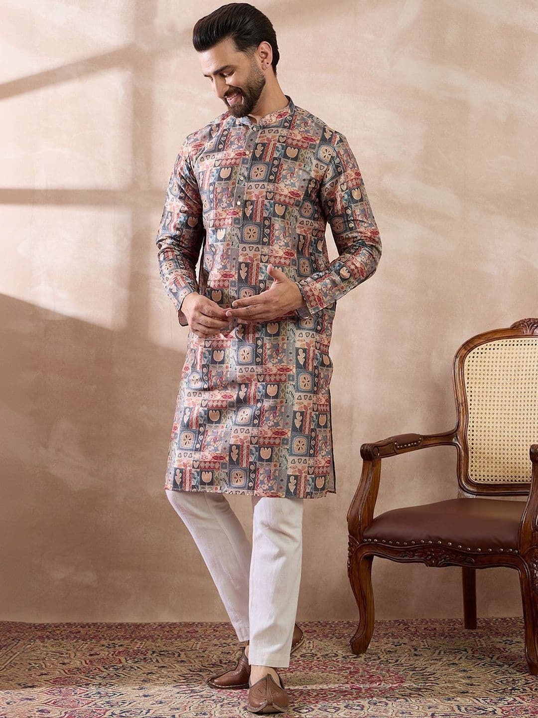 House of Pataudi Printed Mandarin Collar Calf Length Straight Kurta thumbnail 2