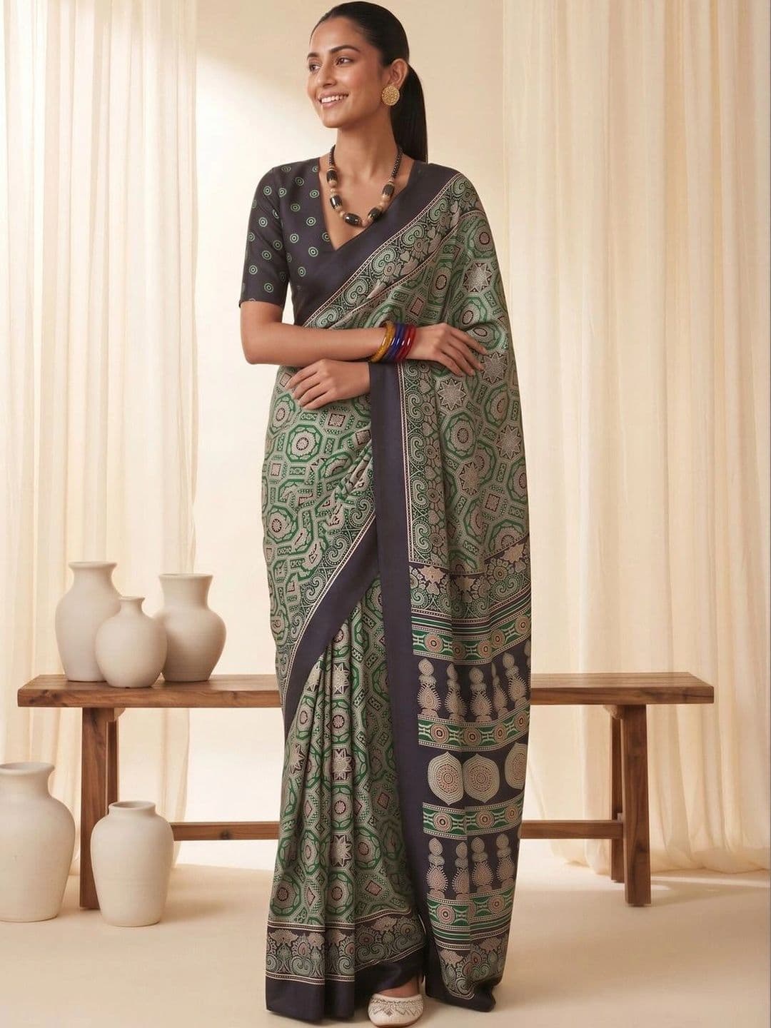 Saree mall Ajrak Block Poly Crepe Designer Block Print Sarees thumbnail 3