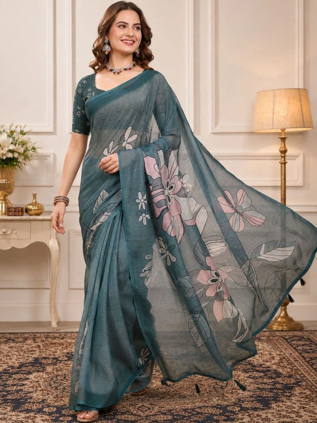 V3 FASHION STUDIO Floral Zari Linen Blend Designer Block Print Saree thumbnail 2