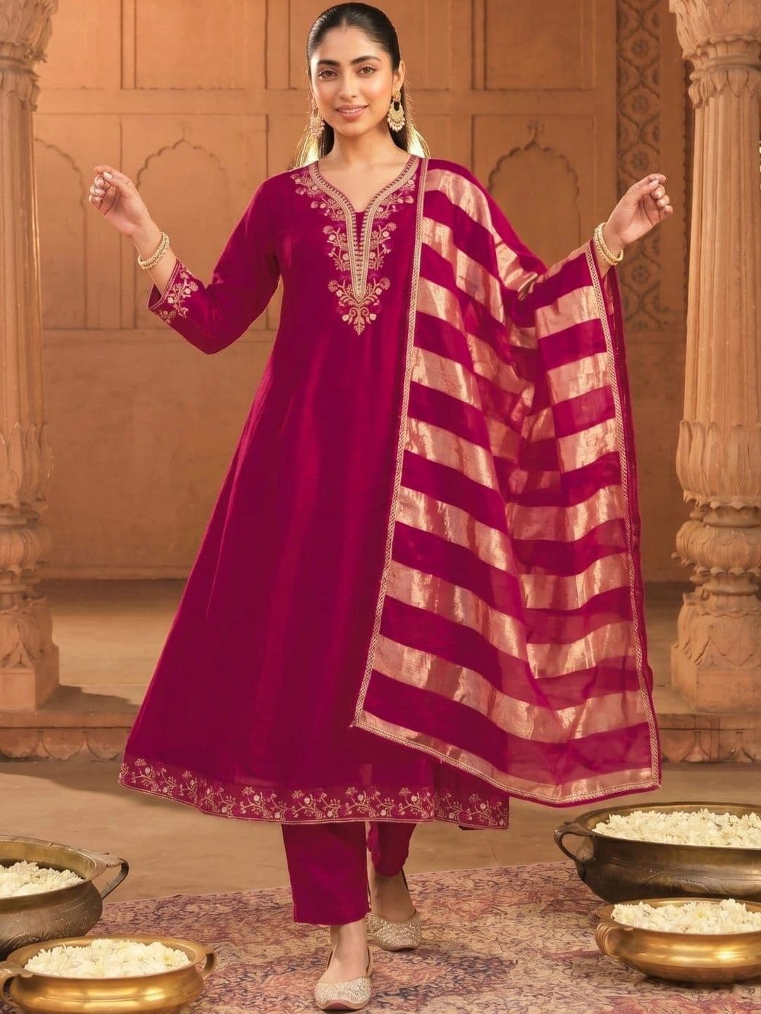 SMITSAREE Women Ethnic Motifs Embroidered Regular Kurta with Trousers & With Dupatta thumbnail 7