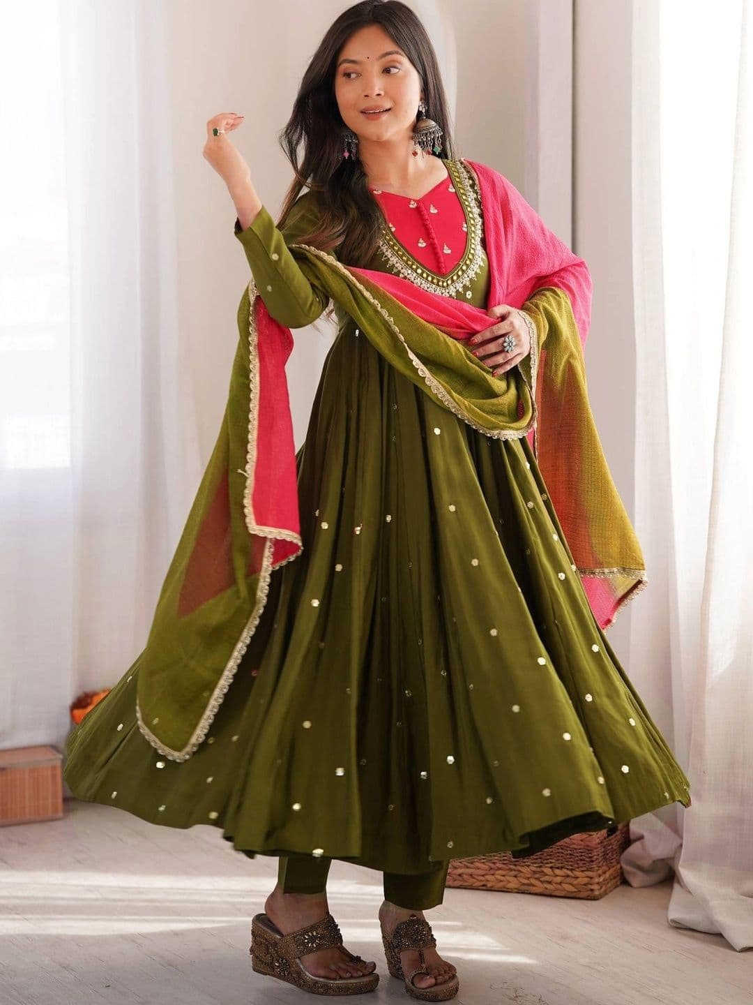 VASTRABELLA Women Embroidered Empire Sequinned Kurta with Trousers & With Dupatta thumbnail 7