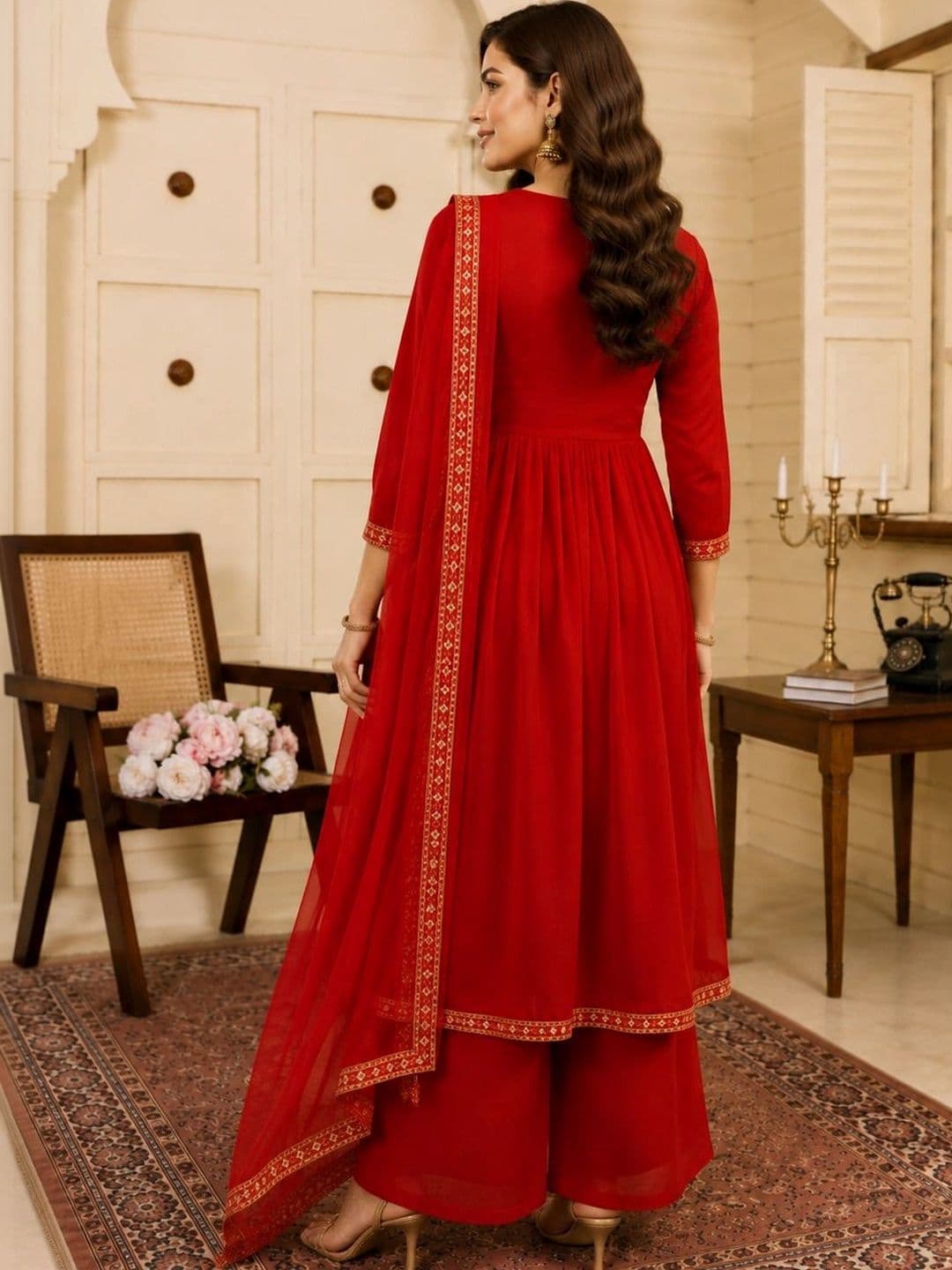 Mitera Women Ethnic Motifs Embroidered Empire Kurta with Palazzos & With Dupatta thumbnail 3