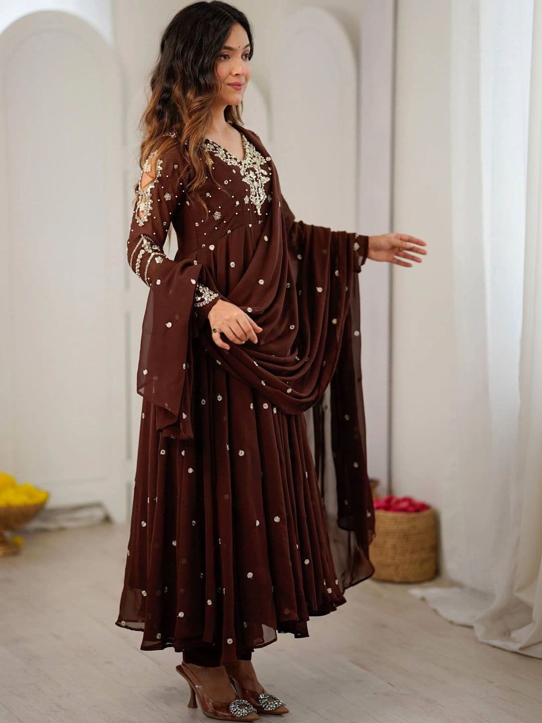 VASTRABELLA Women Ethnic Motifs Empire Silk Georgette Kurta with Churidar & With Dupatta thumbnail 5