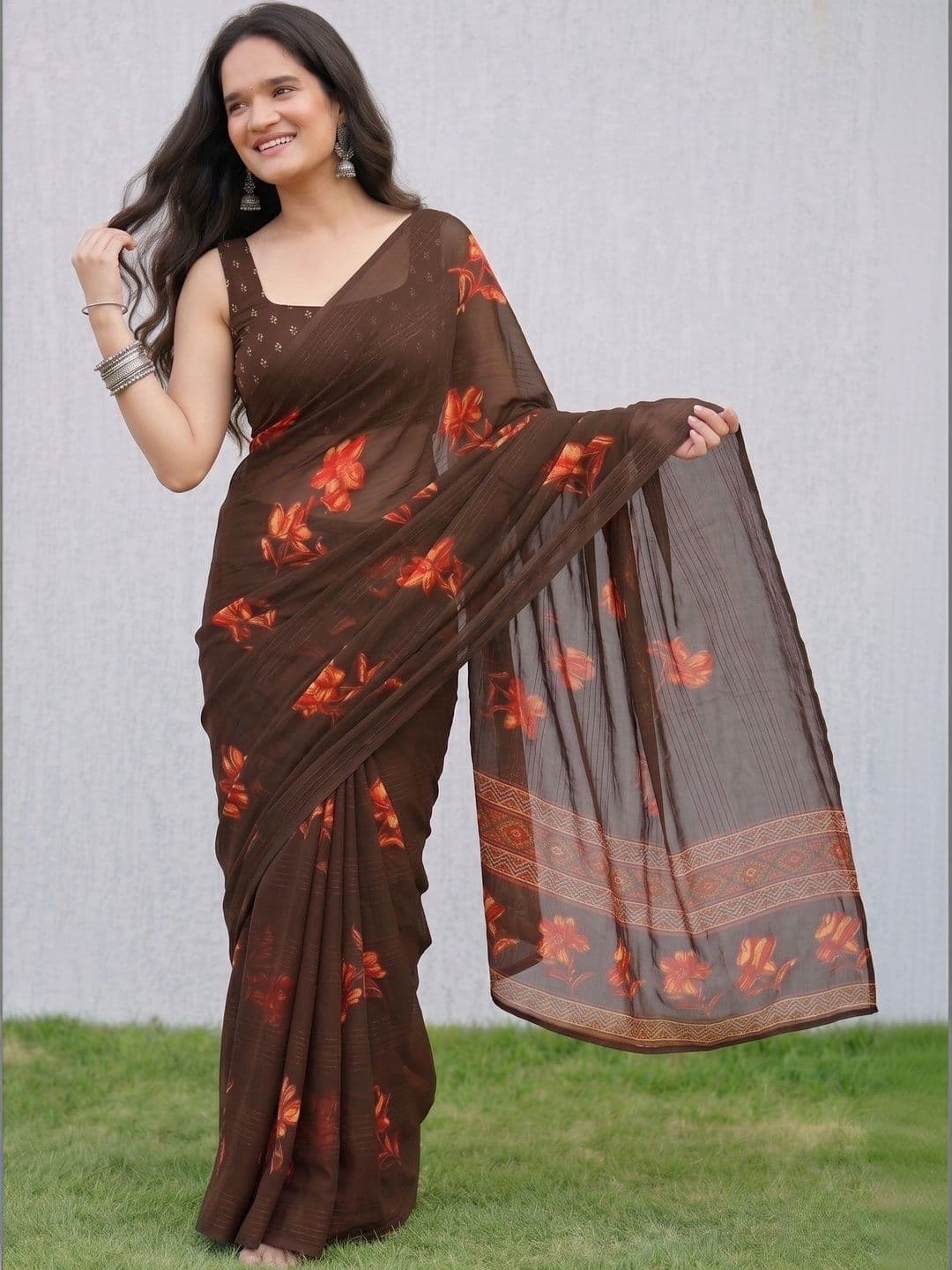 Owee Floral Zari Pure Chiffon Designer Saree - view 1