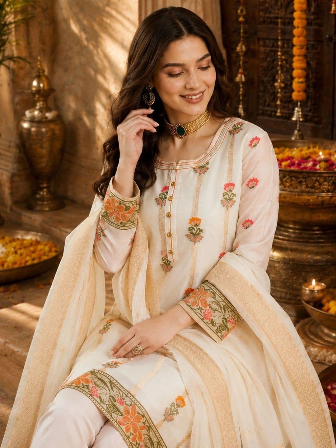 Mitera Women Ethnic Motifs Embroidered Regular Thread Work Chanderi Silk Kurta with Trousers & With Dupatta thumbnail 4