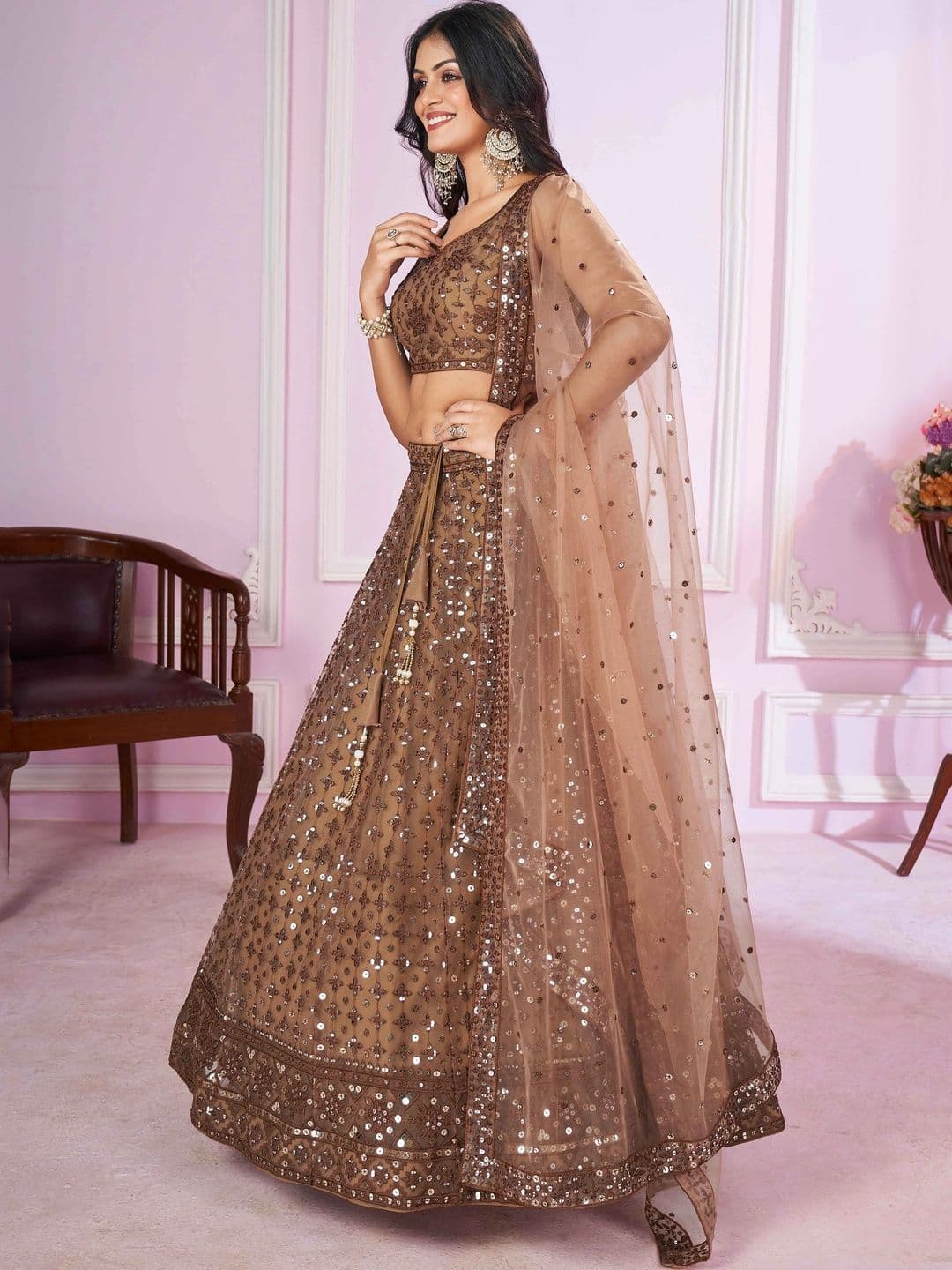 ETHNIC PLUS Embellished Sequinned Semi-Stitched Lehenga & Unstitched Blouse With Dupatta thumbnail 7