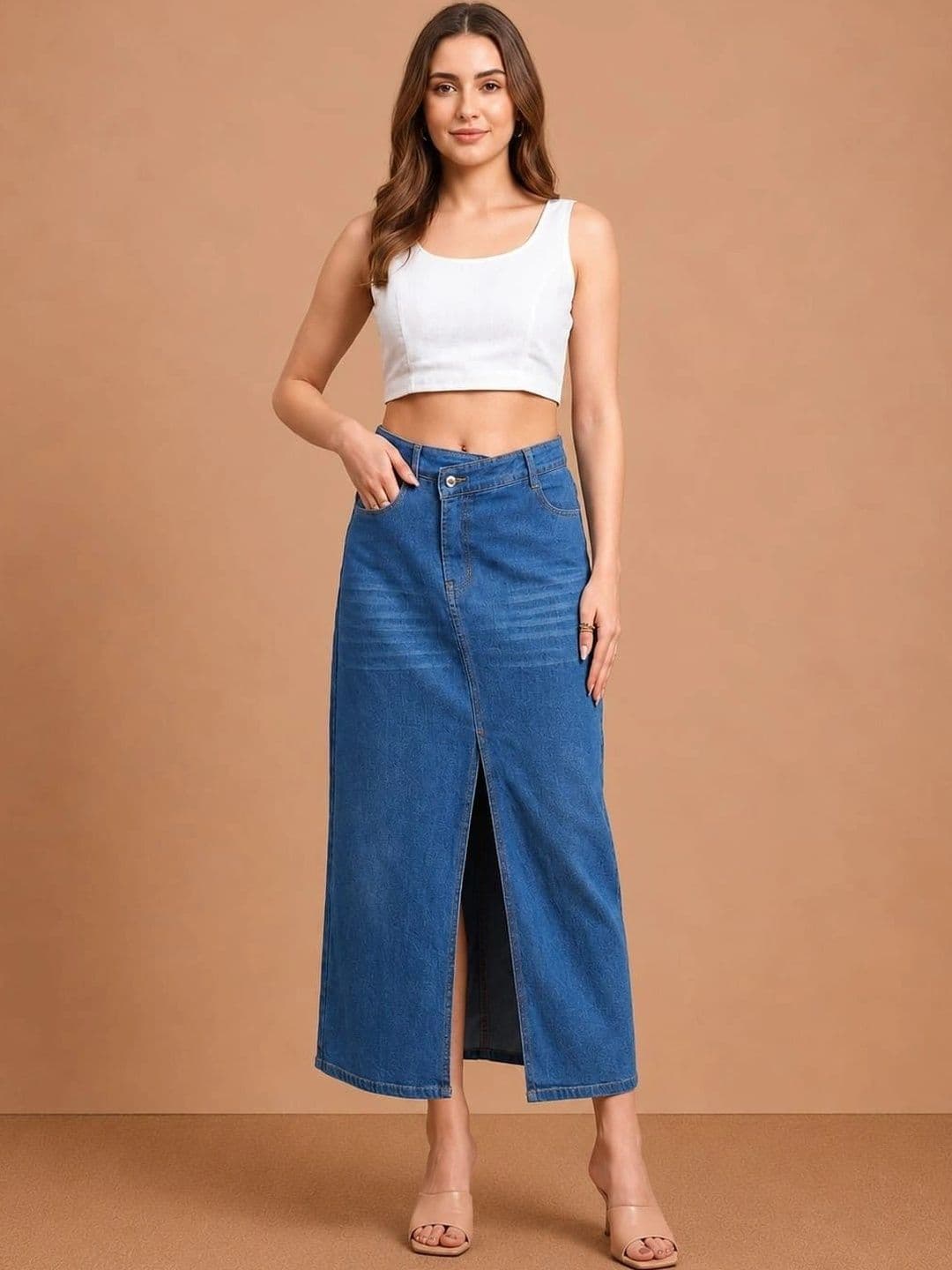 Mast & Harbour Women Denim Front Slit Maxi A-Line Skirt - view 1