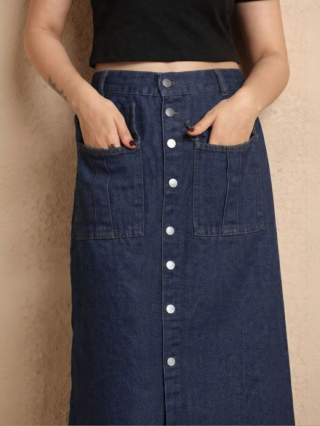 THE SQUAD CLUB Women Denim Front Slit Maxi A-Line Skirt thumbnail 5