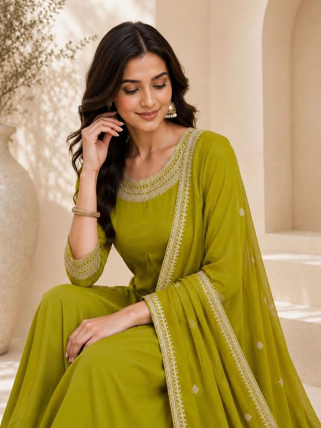 Mitera Women Ethnic Motifs Embroidered Regular Thread Work Kurta with Trousers & With Dupatta thumbnail 2