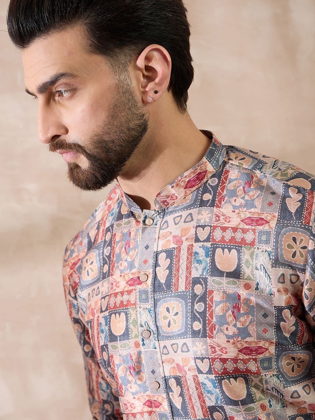 House of Pataudi Printed Mandarin Collar Calf Length Straight Kurta thumbnail 4