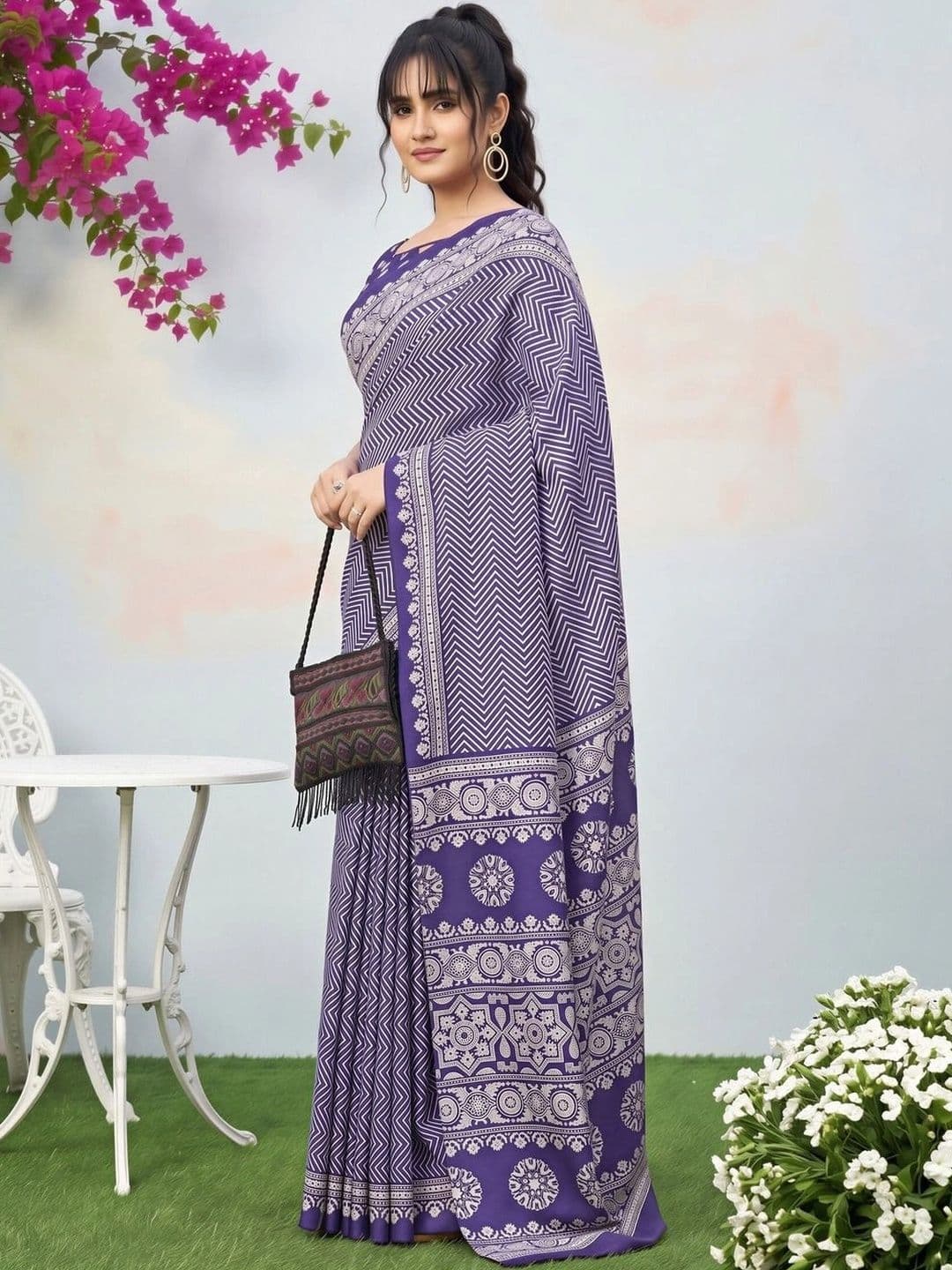 KALINI Ajrak Block Silk Blend Designer Block Print Saree thumbnail 6