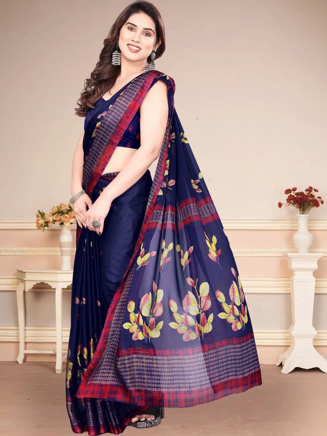 Owee Floral Pure Chiffon Fusion Saree thumbnail 5