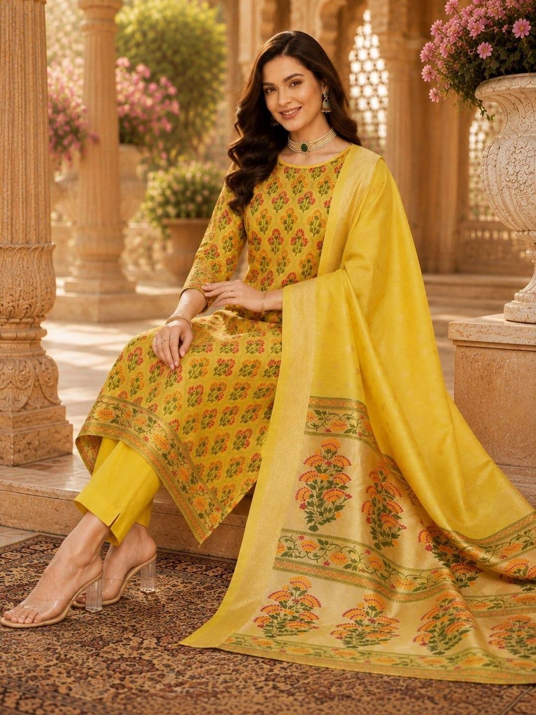 Mitera Women Ethnic Motifs Printed Regular Chanderi Cotton Kurta with Trousers & With Dupatta thumbnail 5